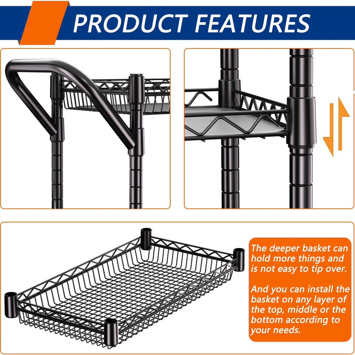 3 Tier Heavy Duty Rolling Utility Cart,18" D x 23.8" W x 36.6" H Rolling Carts with Wheels,Commercial Grade Metal Cart with Handle Bar & Shelf Liner,Trolley Serving Storage Cart for Kitchen Black REGILLER
