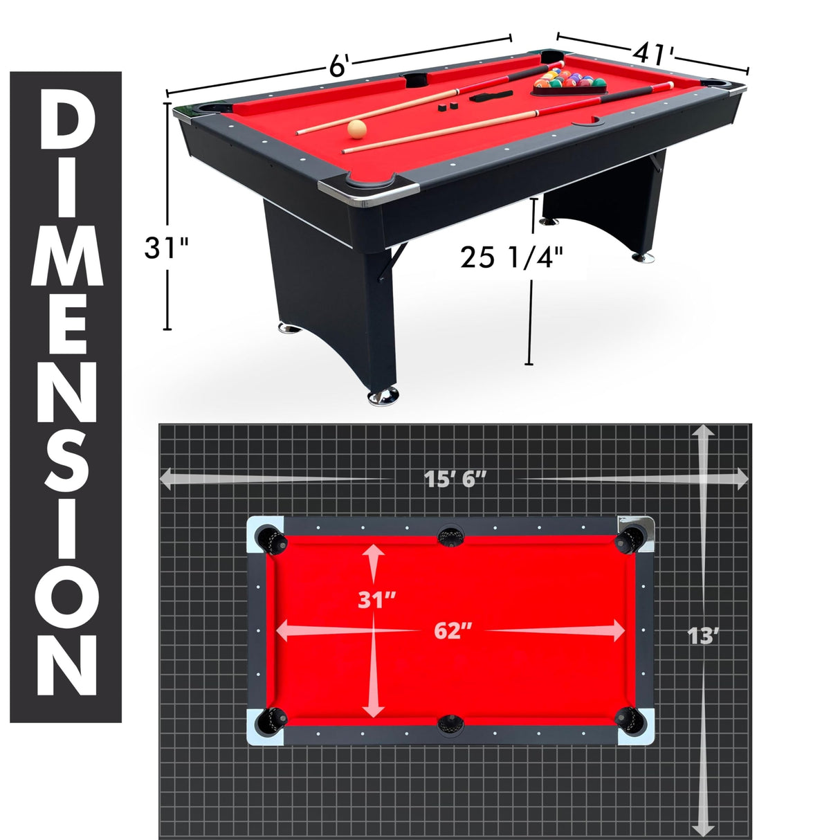 Freetime Fun Pool Table Set, Billiard Tables Accessories Included, 2 Pool Cue Sticks, Pool Table Balls, and More - 6 FT Portable Pool Table Freetime Fun