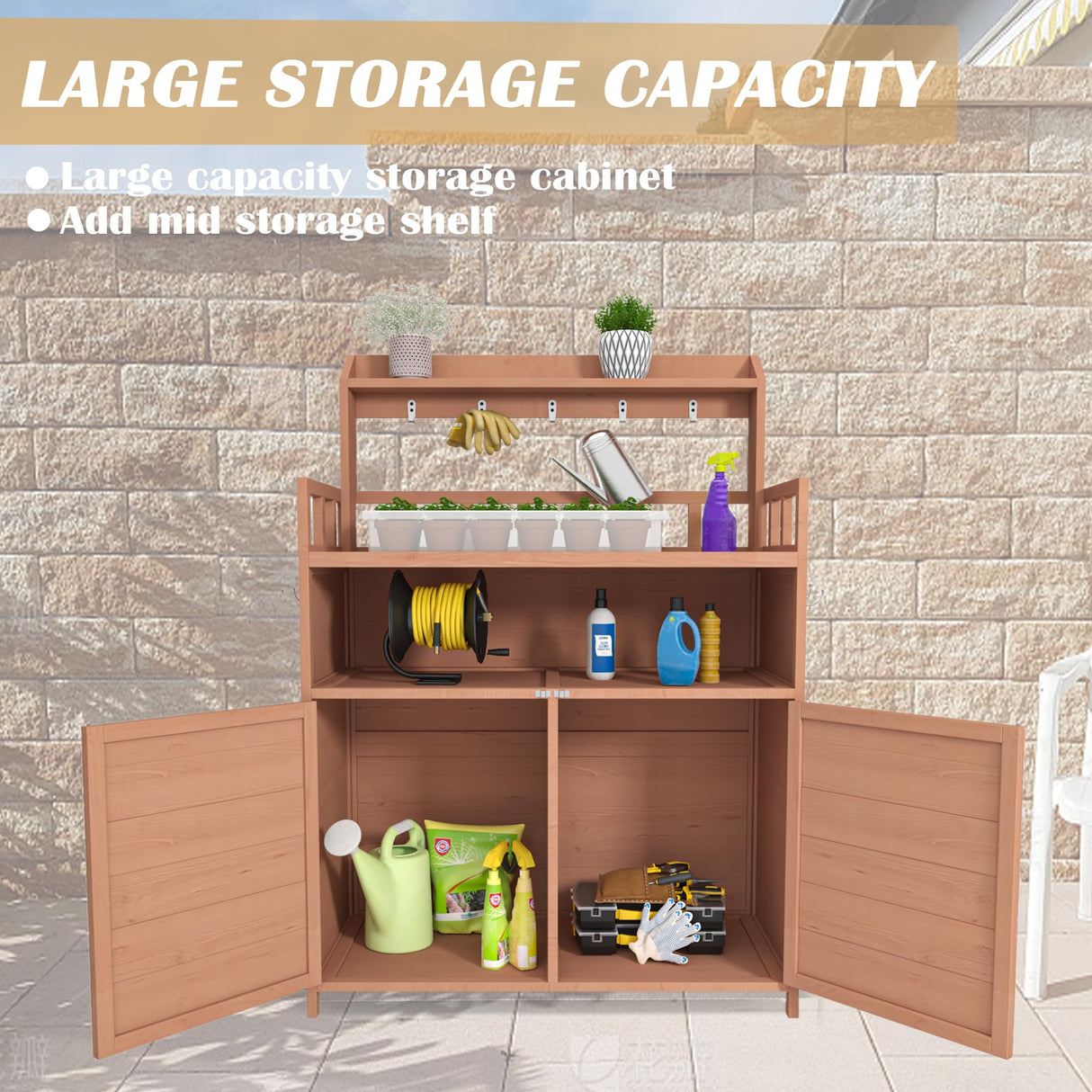 GFDGFD Outdoor Potting Bench with Storage Cabinet & Top Shelf - Solid Fir Wood Garden Planting Workstation, Waterproof Workbench for Gardening, Patio, and BBQ GFDGFD