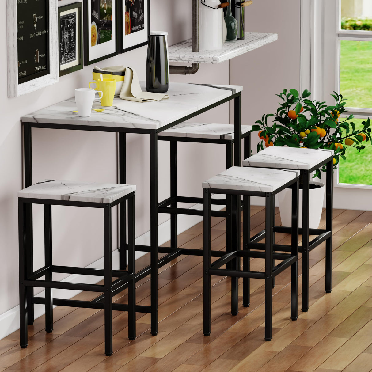 Yongchuang Modern 5 Piece Bar Table Set with White Faux Marble Top and 4 Backless Stools Yongchuang