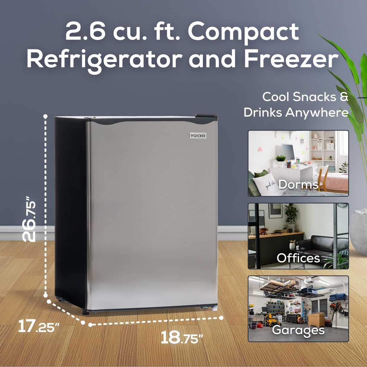 Igloo 2.6 Cu.Ft. Compact Refrigerator with Freezer, 2 Shelfs, Perfect for Homes, Offices, Dorms, Platinum Igloo