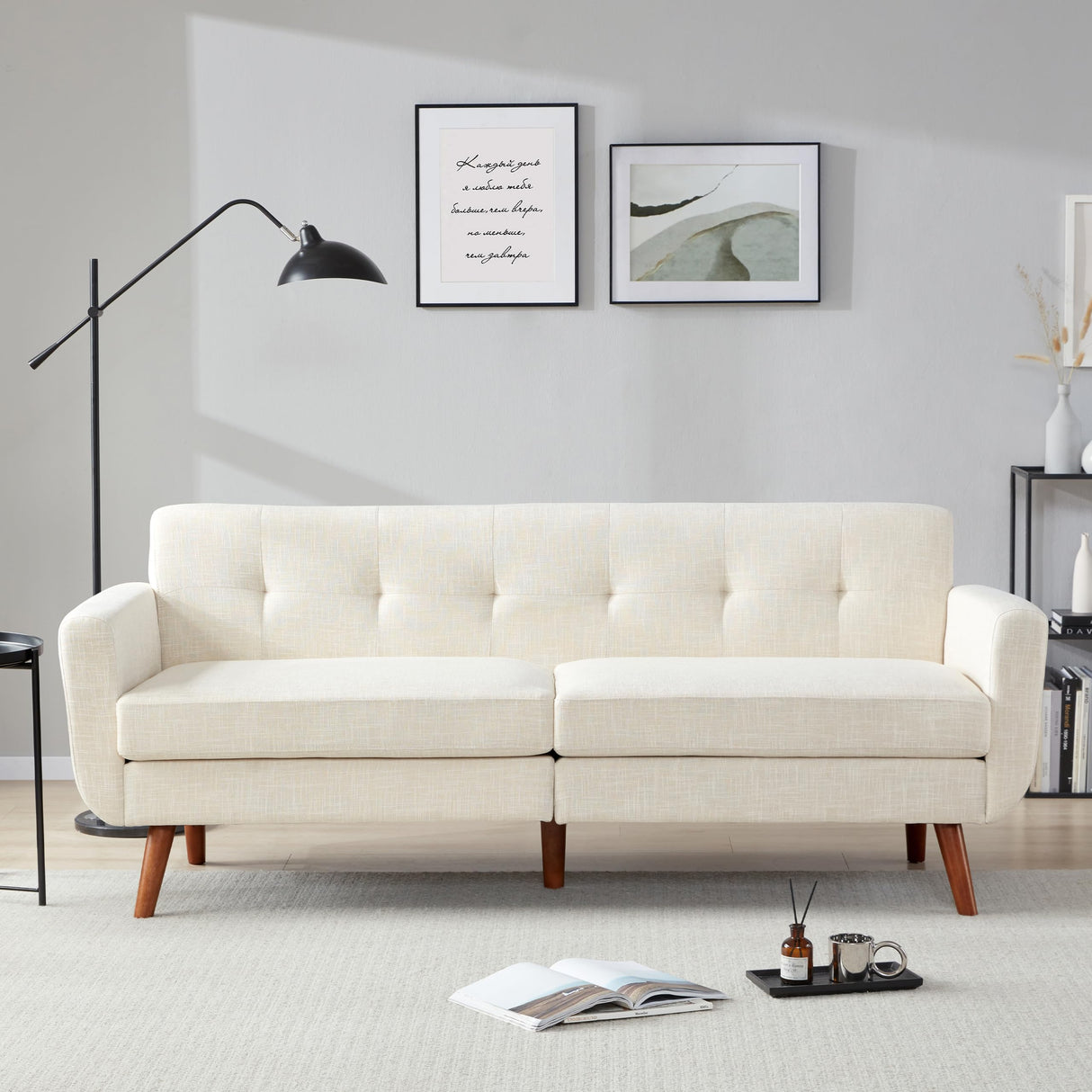 Tbfit 78" W Linen Sofa Couch, Mid Century Modern Decor Loveseat Couches for Living Room, Button Tufted Upholstered Small Couch for Bedroom, Solid, and Easy to Install Love Seats Furniture, Beige Tbfit