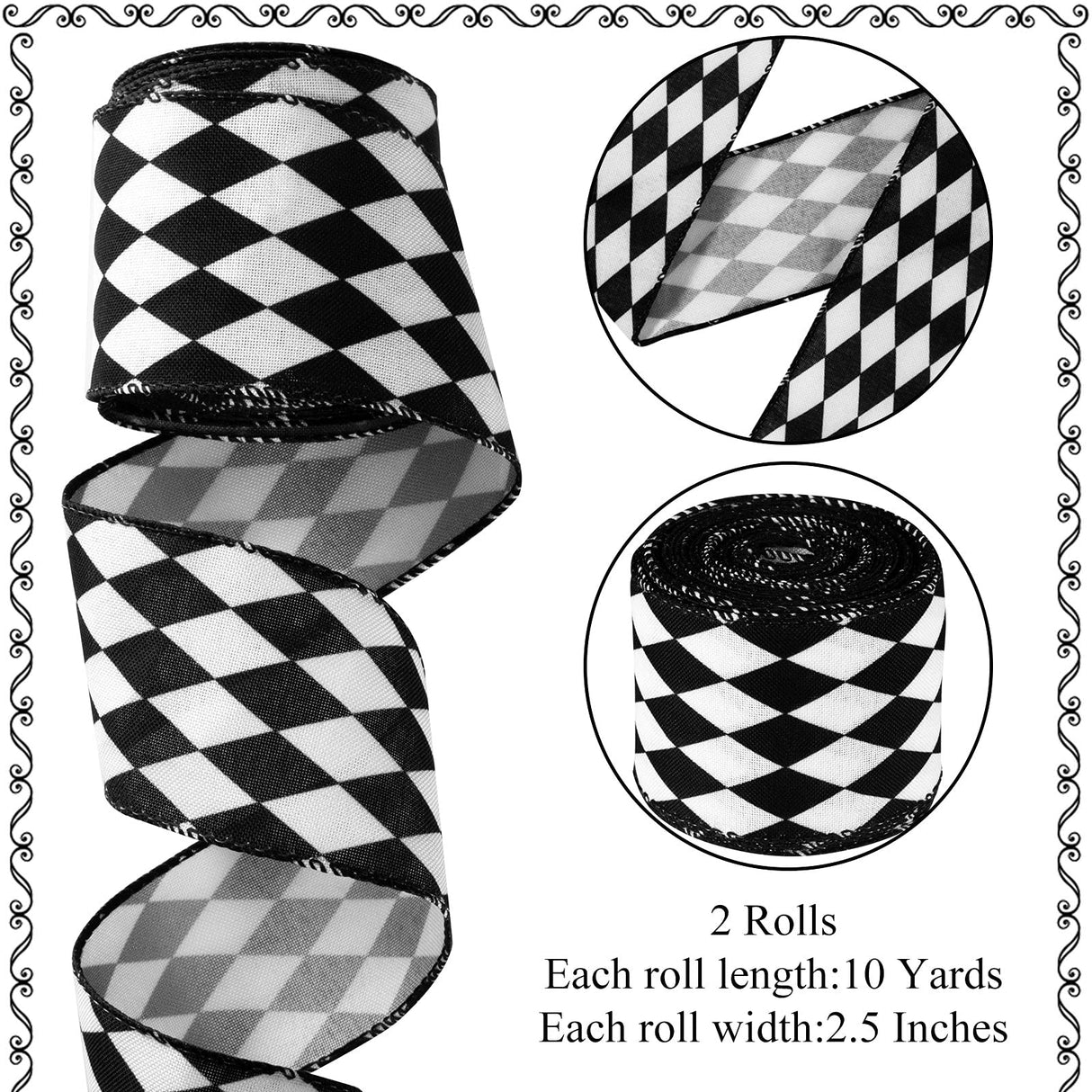 2 Rolls Christmas Checkered Ribbon Black and White Check Ribbon Diamond Check Wired Edge Ribbon Diamond Pattern Decorative Ribbons for Christmas Fall Tree Wrapping DIY Crafts (2.6 Inch) MTLEE