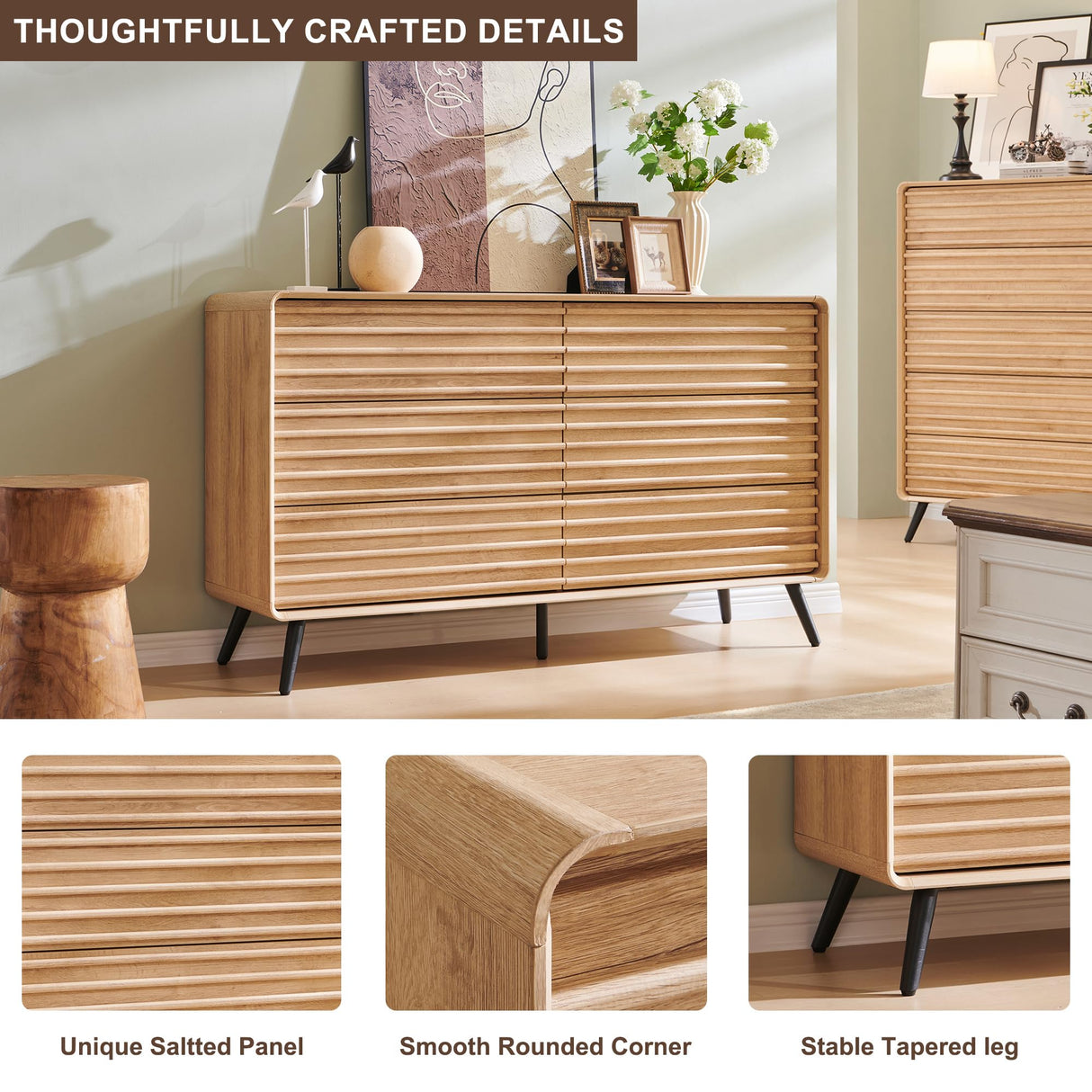 RedLemon 6 Drawers Dresser for Bedroom, 54'' Wide Mid Century Modern Wood Fluted Double Dresser, Chest of Drawers with Tapered Leg for Bedroom, Living Room, Hallway, Closet, Natural Oak RedLemon