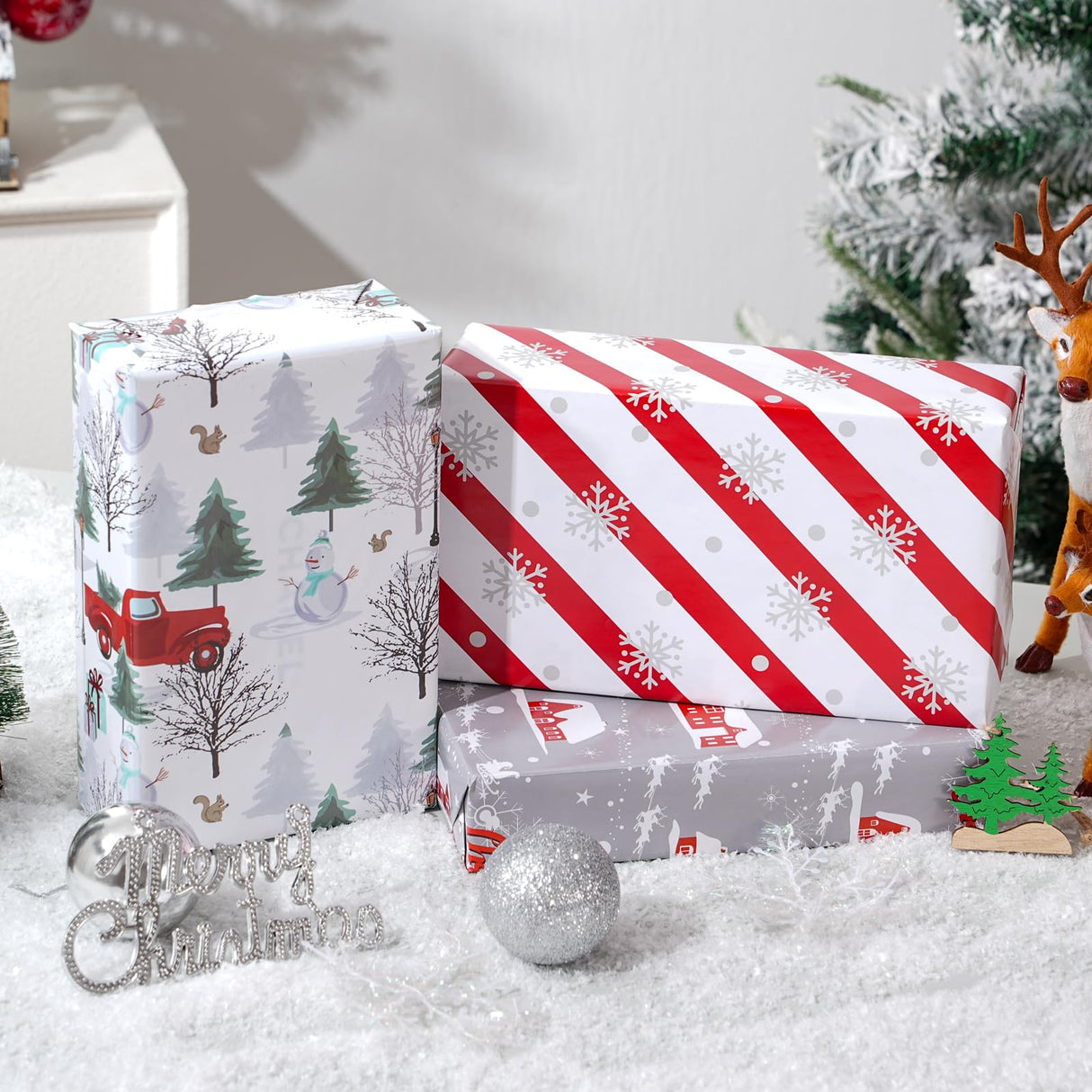 Cuitpan White Christmas Wrapping Paper Bundle for Kids Adults - Reindeer, Stripes, Woodlands, Snowflake, Red Truck Winter Scene Designs - 28 x 40 Inches, 6 Jumbo Sheets, Recycled Cuitpan