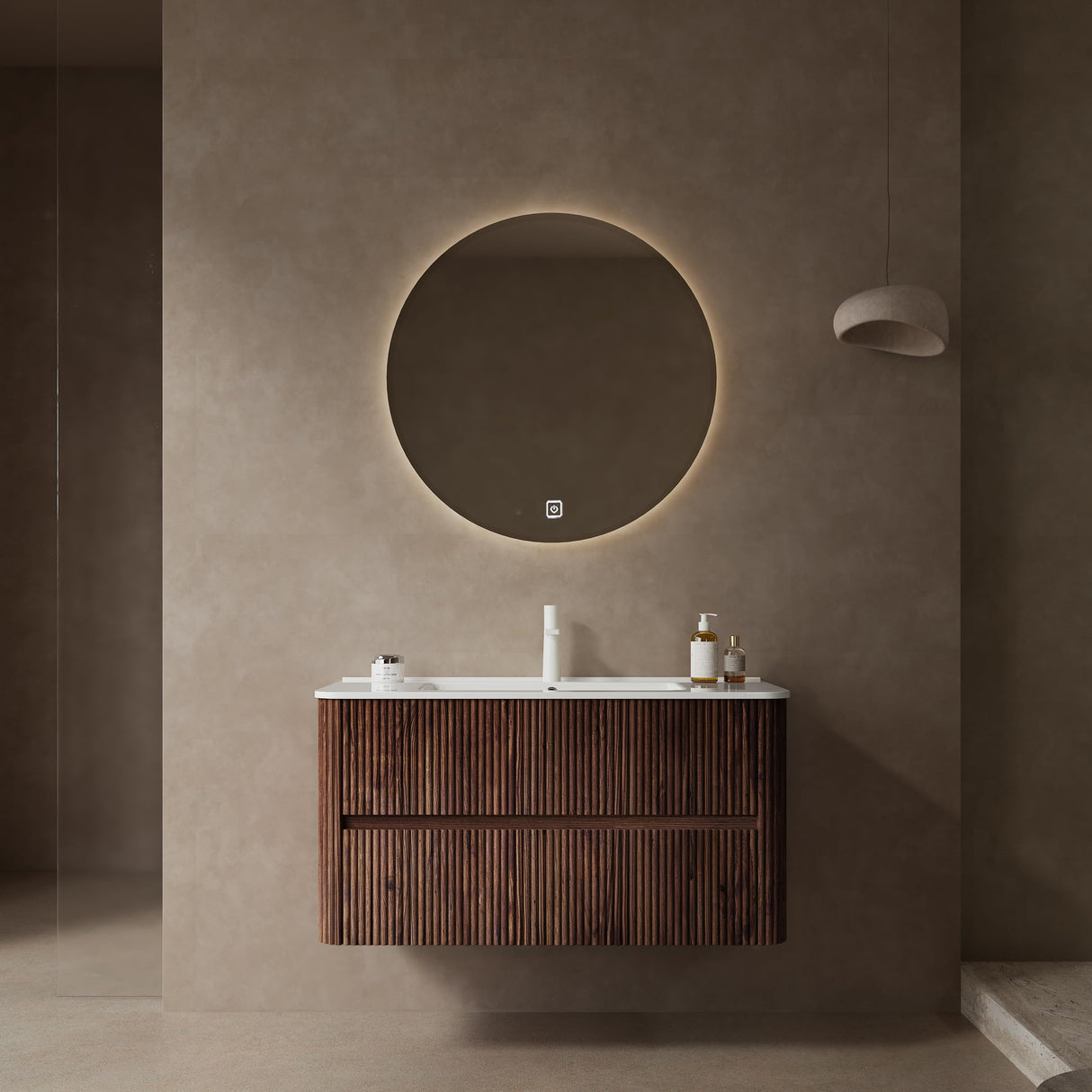 GUCOGUKA Wall-Mounted Bathroom Vanity, 36'' Floating Vanity with Sink Combo, Plywood Bathroom Vanity with 2 Soft-Close Drawers, Sink Hole Cover and Drain, Retro Walnut GUCOGUKA
