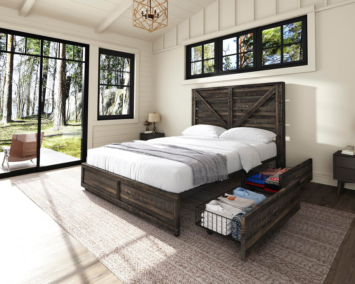 AMERLIFE Queen Size Farmhouse Bed Frame with 4 Drawers, Wooden Storage Bed Frame with Headboard and Heavy Duty Metal Slats, Noisy Free, Easy Assemble, Rustic Black AMERLIFE