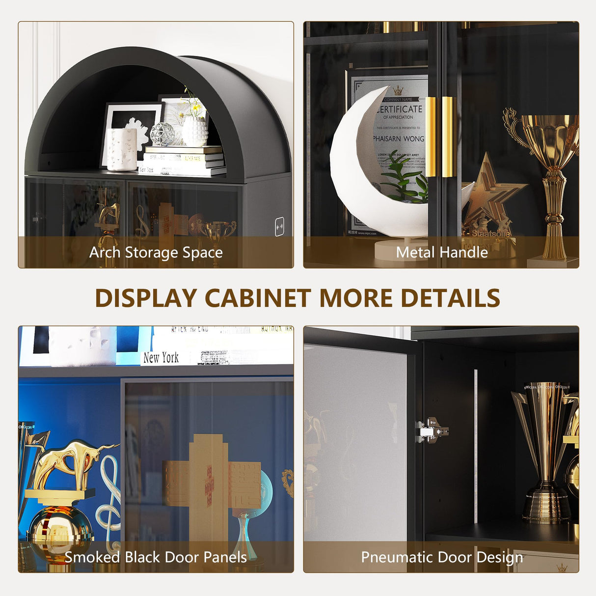 Dystler Arch Display Cabinet with Doors and Adjustable Shelves, 76" Tall Curio Cabinet with LED Lights/Storage Space, 6 Tier Display Case Bookcase for Collectibles Bedroom Living Room Office, Black Dystler