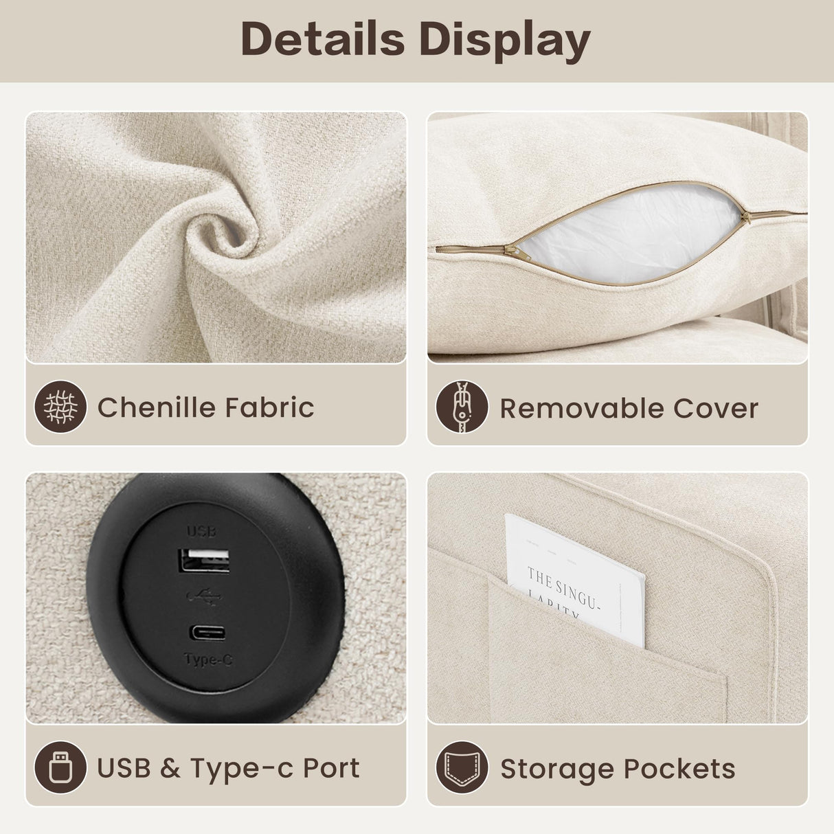 PARKOL 128" Modular Sofa Couch with Large Seats Storage, Chenille Sofa, Modern Comfy 4-Seater Couch for Living Room, Office, Apart, Wide Armrest, Side Pockets, USB Port, Removable Cover PARKOL