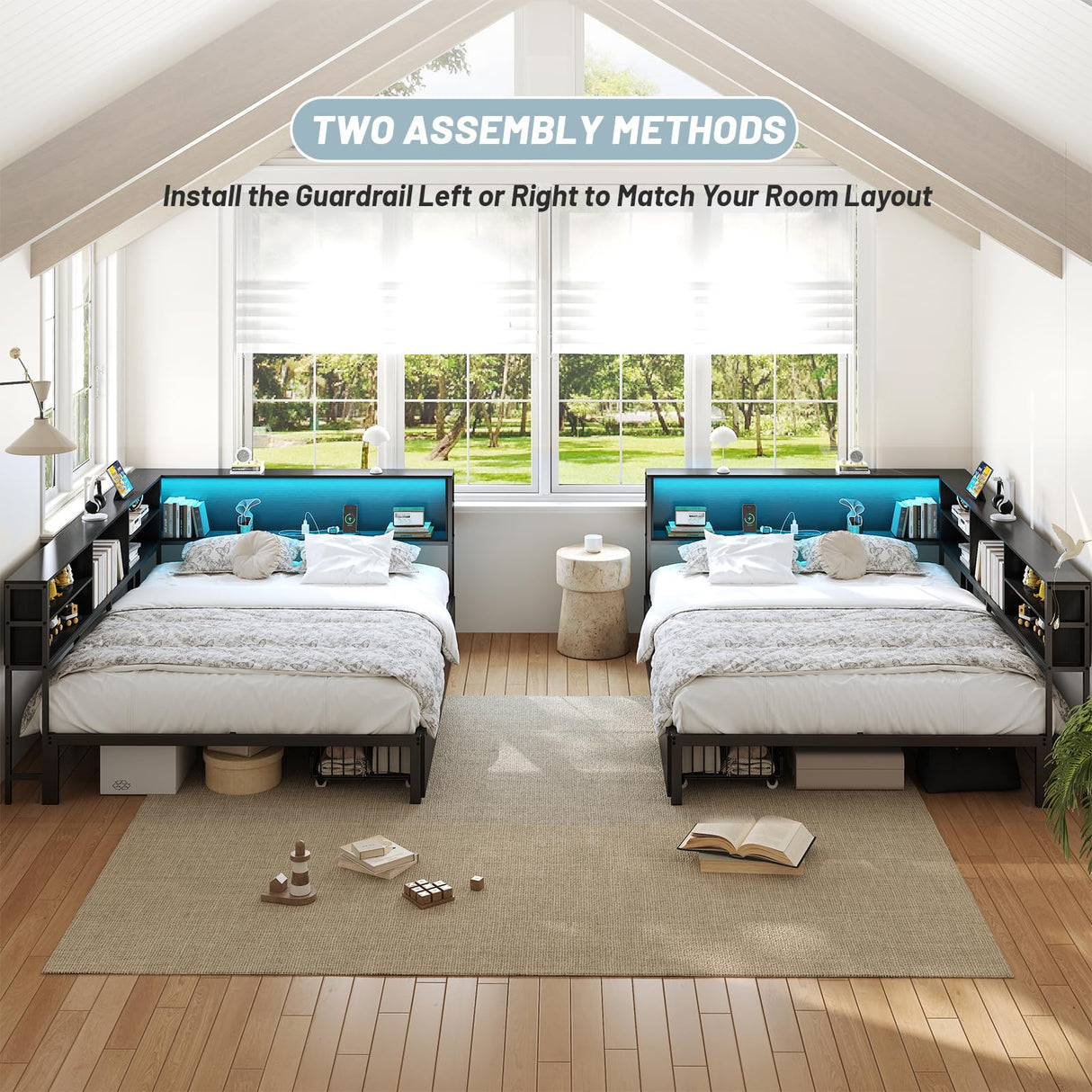 Bellemave Full Size Corner Bed Frame with Storage, Full Captains Bed with Charging Station and LED Light, Wood Daybeds with L-Shaped Bookcase and 2 Drawers, Black Bellemave