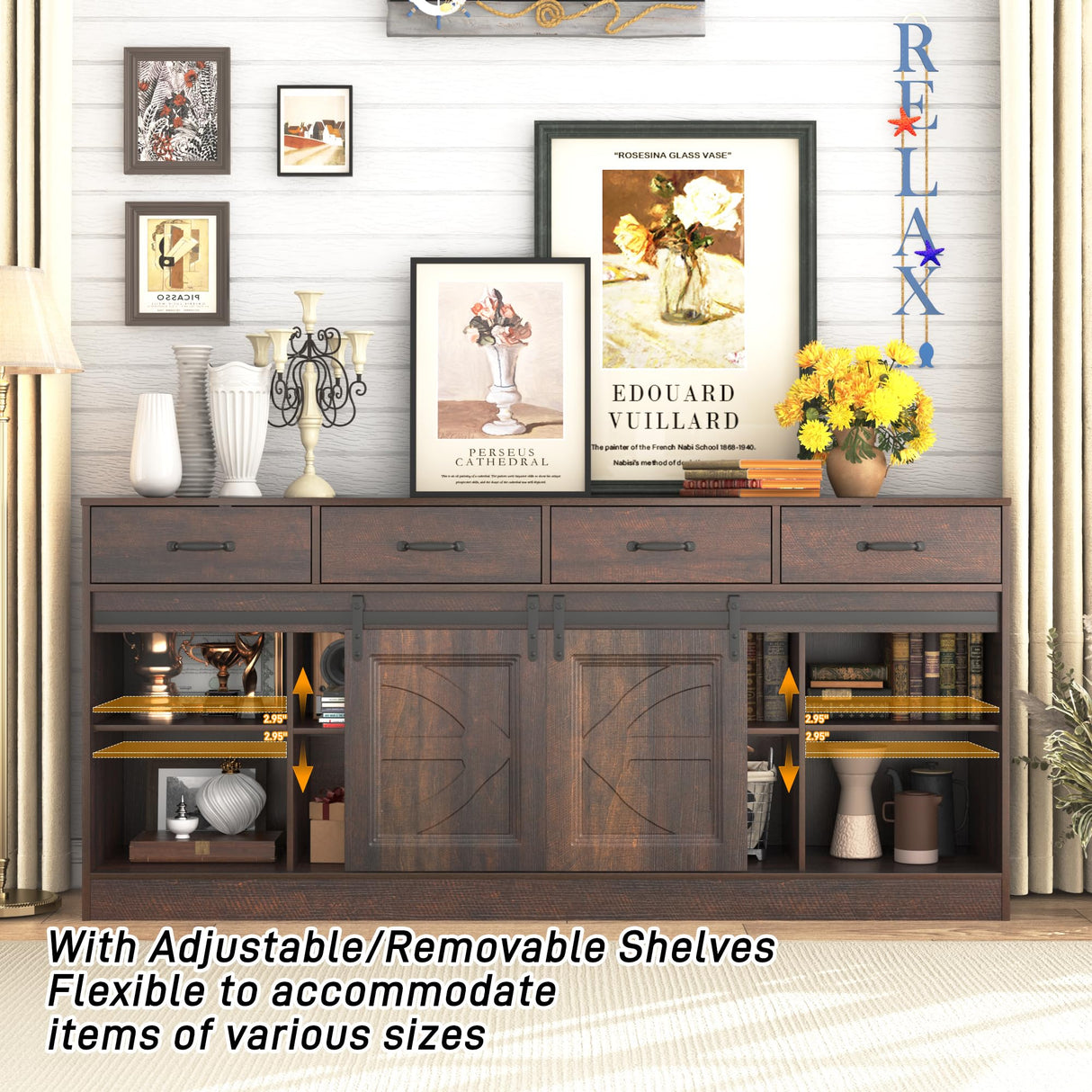 chartustriable 70” Large Long Buffet Sideboard Cabinet w/4 Drawer,Farmhouse Buffet Storage Cabinet,Sliding Door,Buffet Coffee Bar Cabinet, Credenza for Living Room, Brown chartustriable