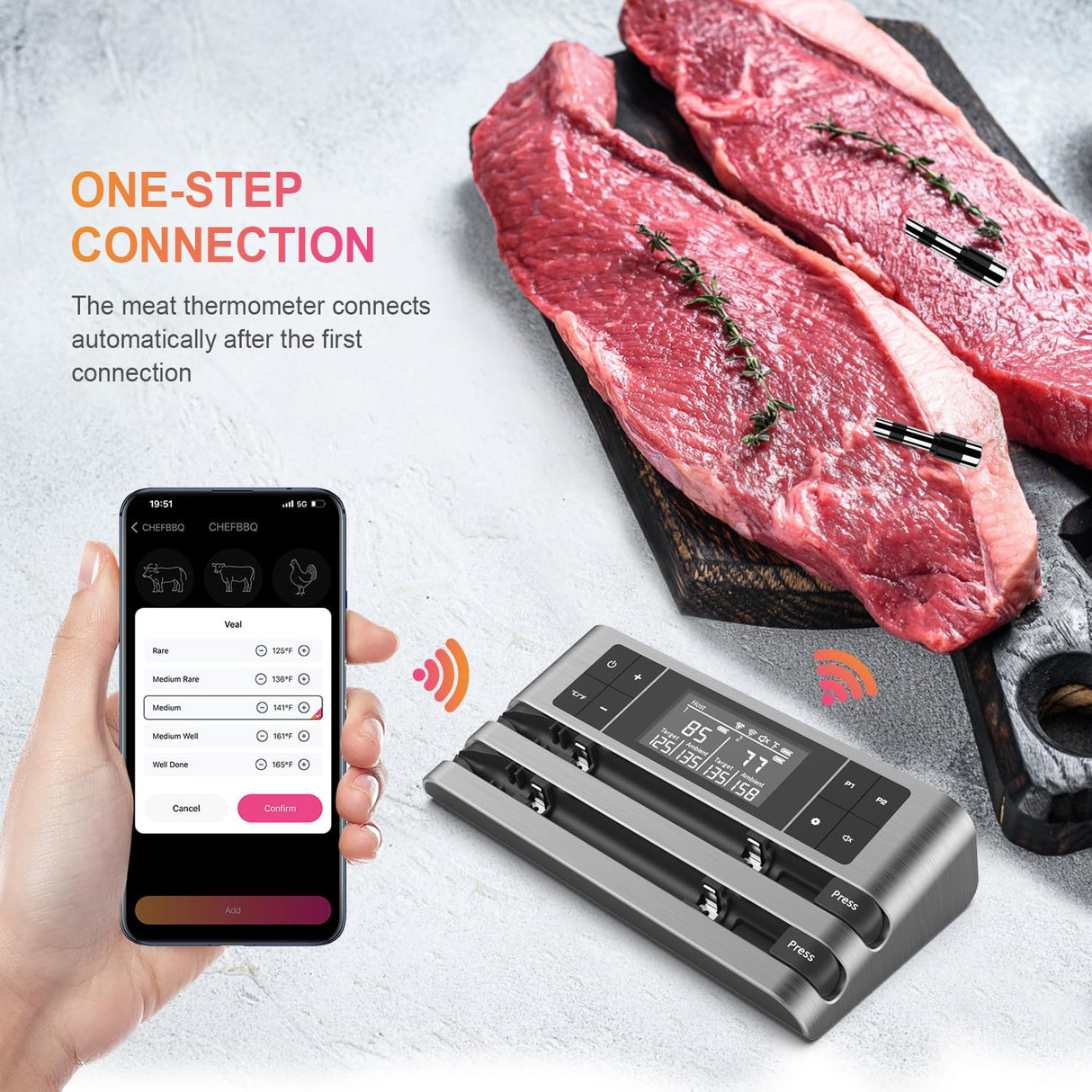 Wireless Smart Meat Thermometer with Dual-Sensor Probe, 500FT Remote Monitoring, Dedicated App, Real-Time Ambient and Food Temperature Tracking for Precise Cooking Control Dewjom
