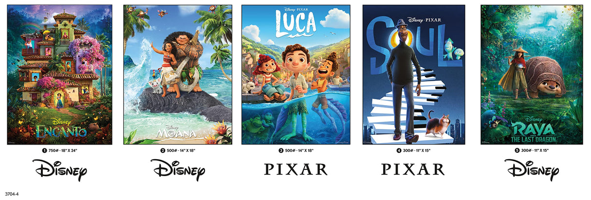 Ceaco - 5 in 1 Multipack – Disney Movie Posters – Encanto, Moana, Luca, Soul & Raya and The Last Dragon - (2) 300 Piece, (2) 500 Piece, (1) 750 Piece Jigsaw Puzzles Ceaco