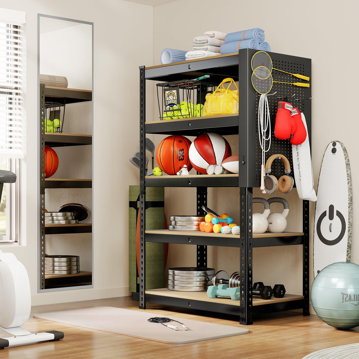 MAXLEAD Home Storage Shelves 5 Tier Garage Shelving Adjustable Garage Shelves 2100LBS Metal Shelving Unit with Metal Pegboard for Basement, Warehouse, Pantry, Kitchen. 60''H*11.8''D*27.5''W, Black MAXLEAD