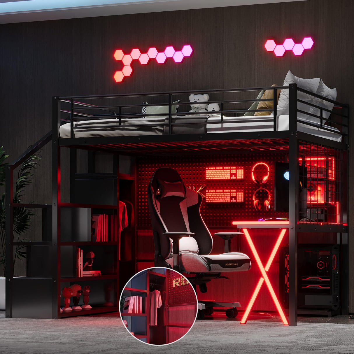 MERITLINE Full Gaming Loft Bed with Desk and Storage Wardrobe& LED RGB,Metal Gaming Bed with Stairs and Storage Case,for Adults Teens (Black) MERITLINE