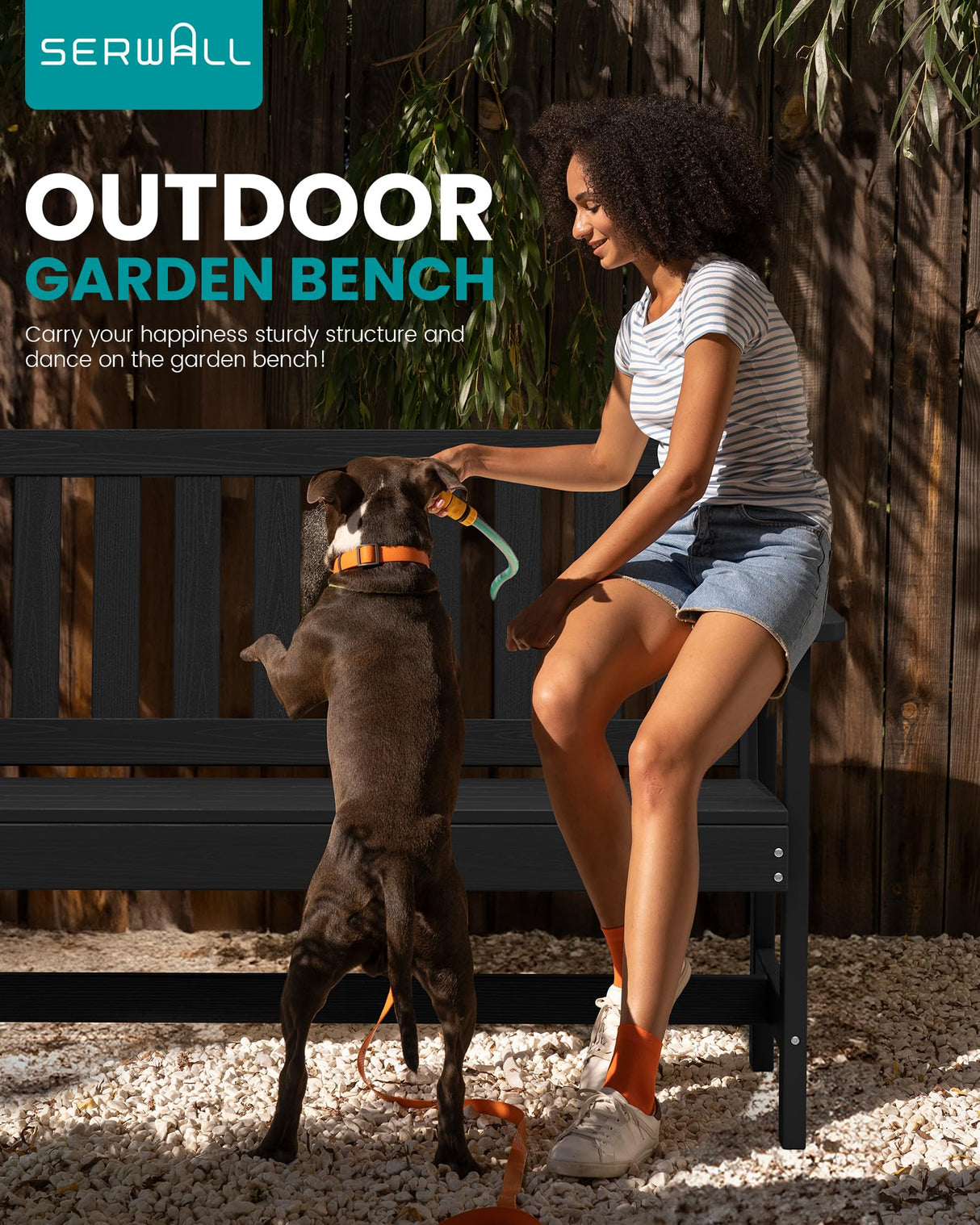 SERWALL Outdoor Bench, HDPE Outdoor Benches Weatherproof, 2-Person Garden Bench with 660 lbs Weight Capacity, Patio Benches for Outdoors, Garden, Porch, Backyard and Park, Black SERWALL