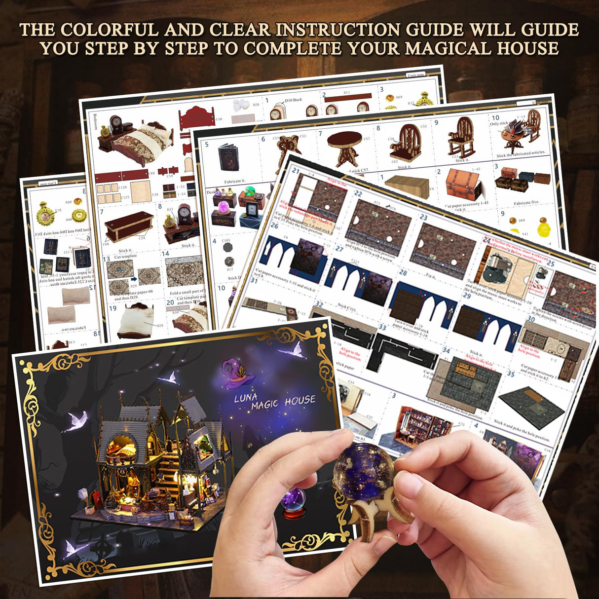 DIY Miniature House Kit, Tiny for Adults to Build, 3D Wooden Puzzles Dollhouse Bookshelf Insert Decor Alley-Creativity Kit with LED Light for Family and Friends (Luna's Magic House) FLYINTOYS