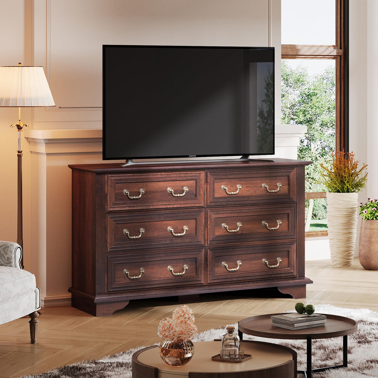 WLIVE Wood Dresser for Bedroom with 6 Drawer, 51.97'' Wide, Farmhouse Long Storage Dresser Organizer with Roman Metal Handle, TV Stand for 60 inch TV, Chest of Drawers for Living Room, Hallway, Brown WLIVE