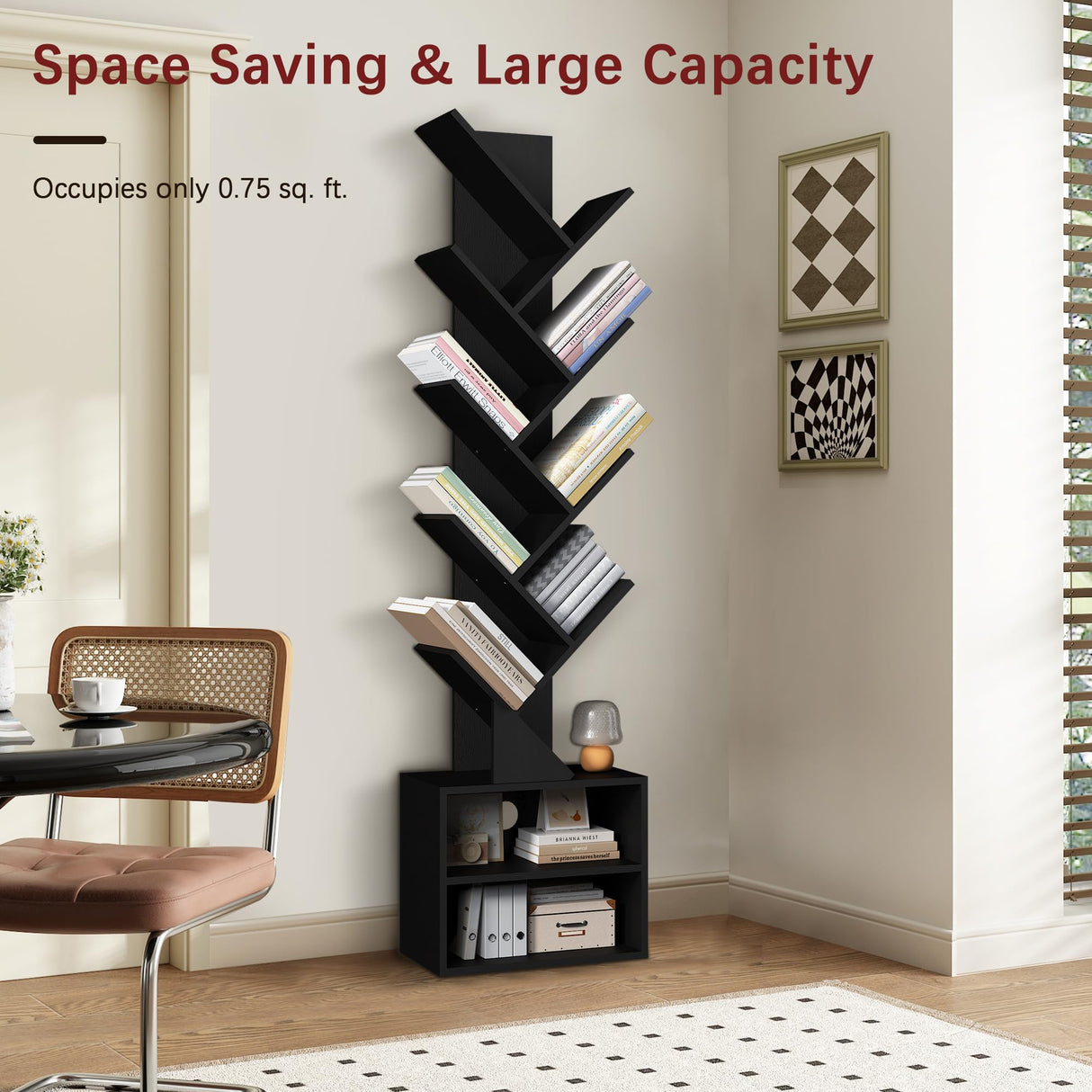 Azaeahom 8 Tier Tree Bookshelf, Wood Bookcase with Storage Cabinet, Modern Tall Narrow Bookshelves Organizer, Floor Standing Book Shelf for Bedroom/Living Room/Home Office/Corner (Black, 8 Tier) Azaeahom