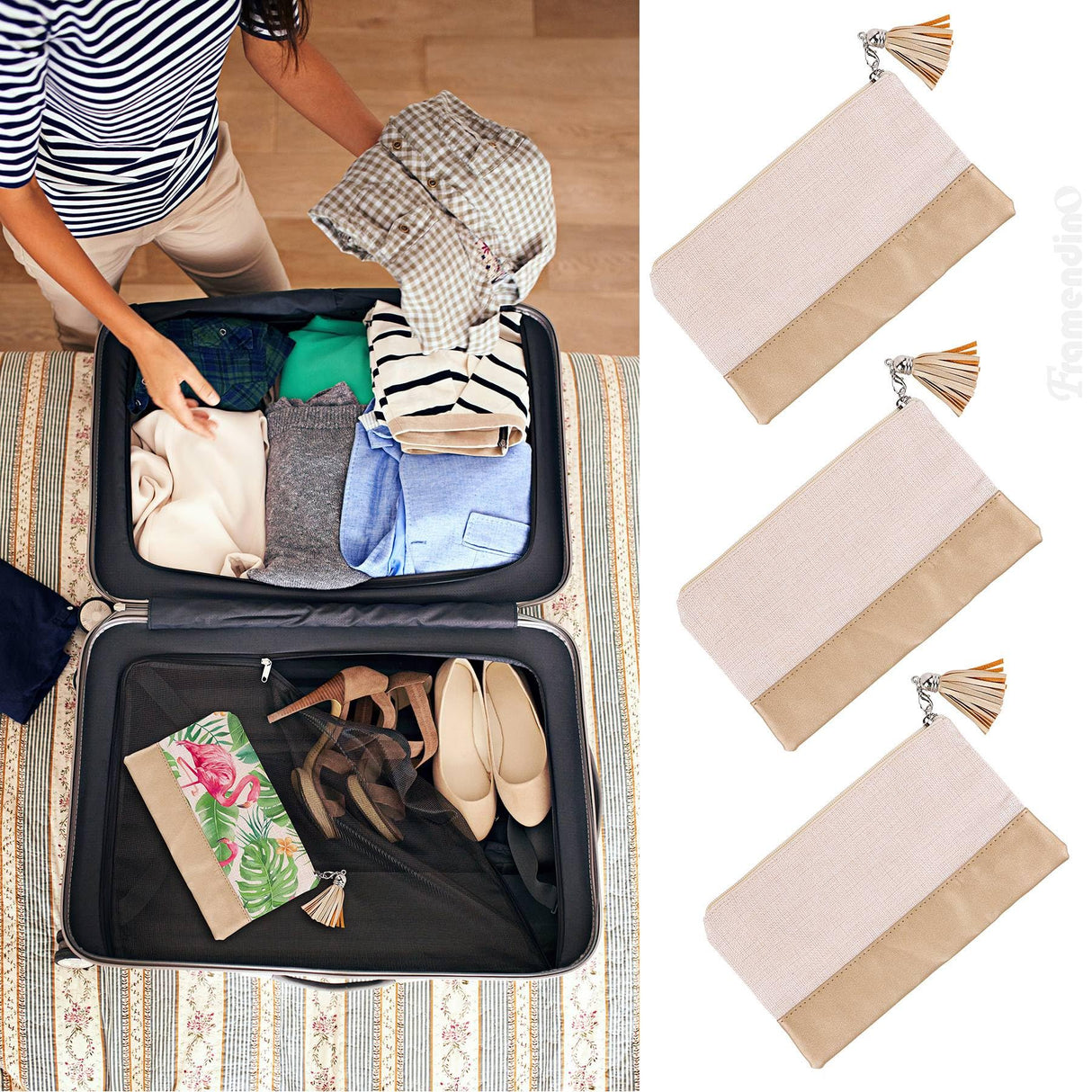 Framendino, 6 Pack Sublimation Blank Canvas Makeup Bags with PU leather Bottom DIY Heat Transfer Cosmetic Bag Pencil Pouches Travel Toiletry Tassel Zipper Bags for DIY Crafts Framendino