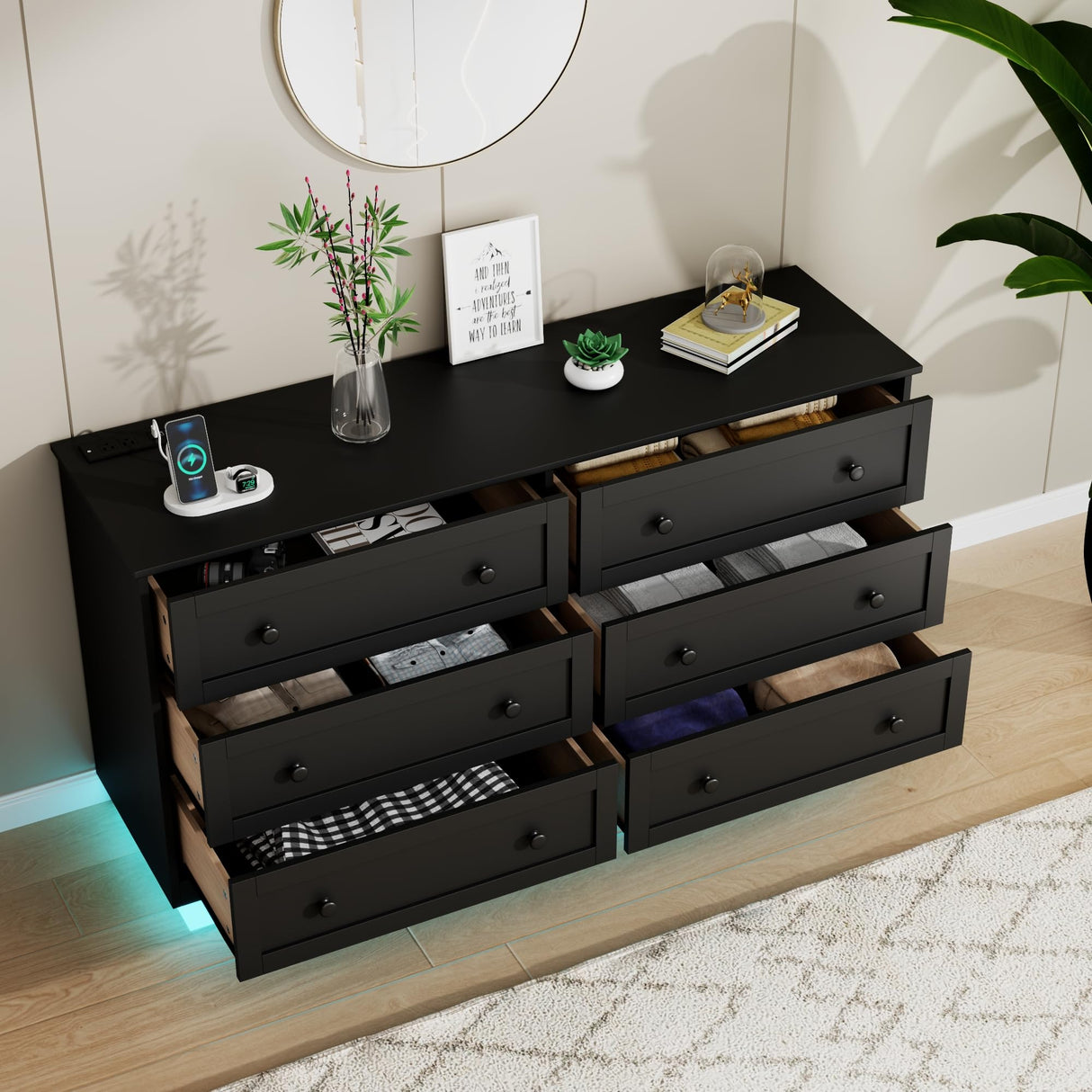 Loomie 6 Drawer Dresser, Modern Drawer Chests with Power Outlet and Led Light, Wide Chest of Drawers for Storage and Organization, Black Dresser for Bedroom, Living Room, Closets, Entryway Loomie