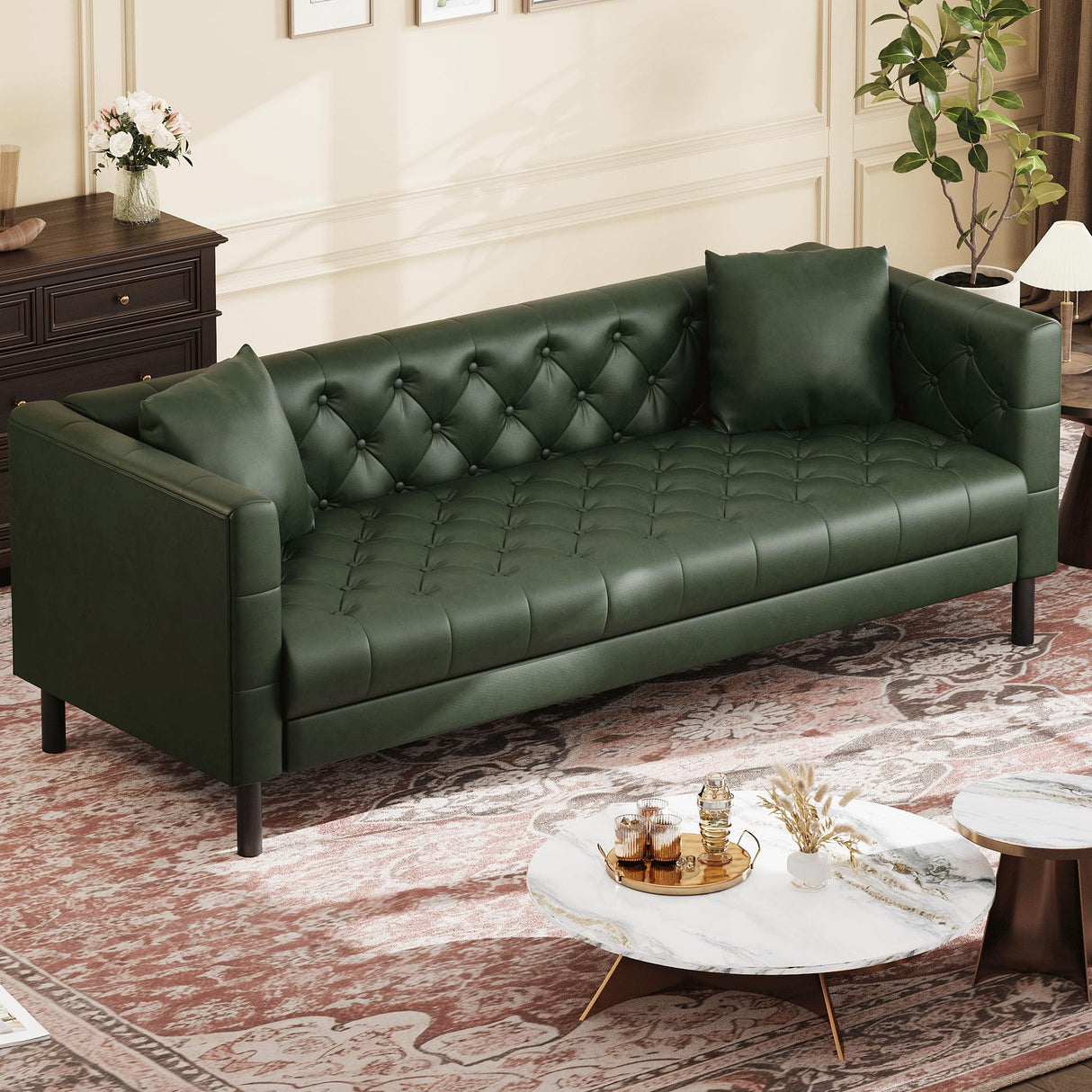 GarveeHome 81 in Leather Couch for Living Room, Modern Sofa Couch with Deep Seat and 2 Pillows, Handmade Button Tufted 3 Seater Sofa, Leather Sofa for Apartment, Office, Green GarveeHome