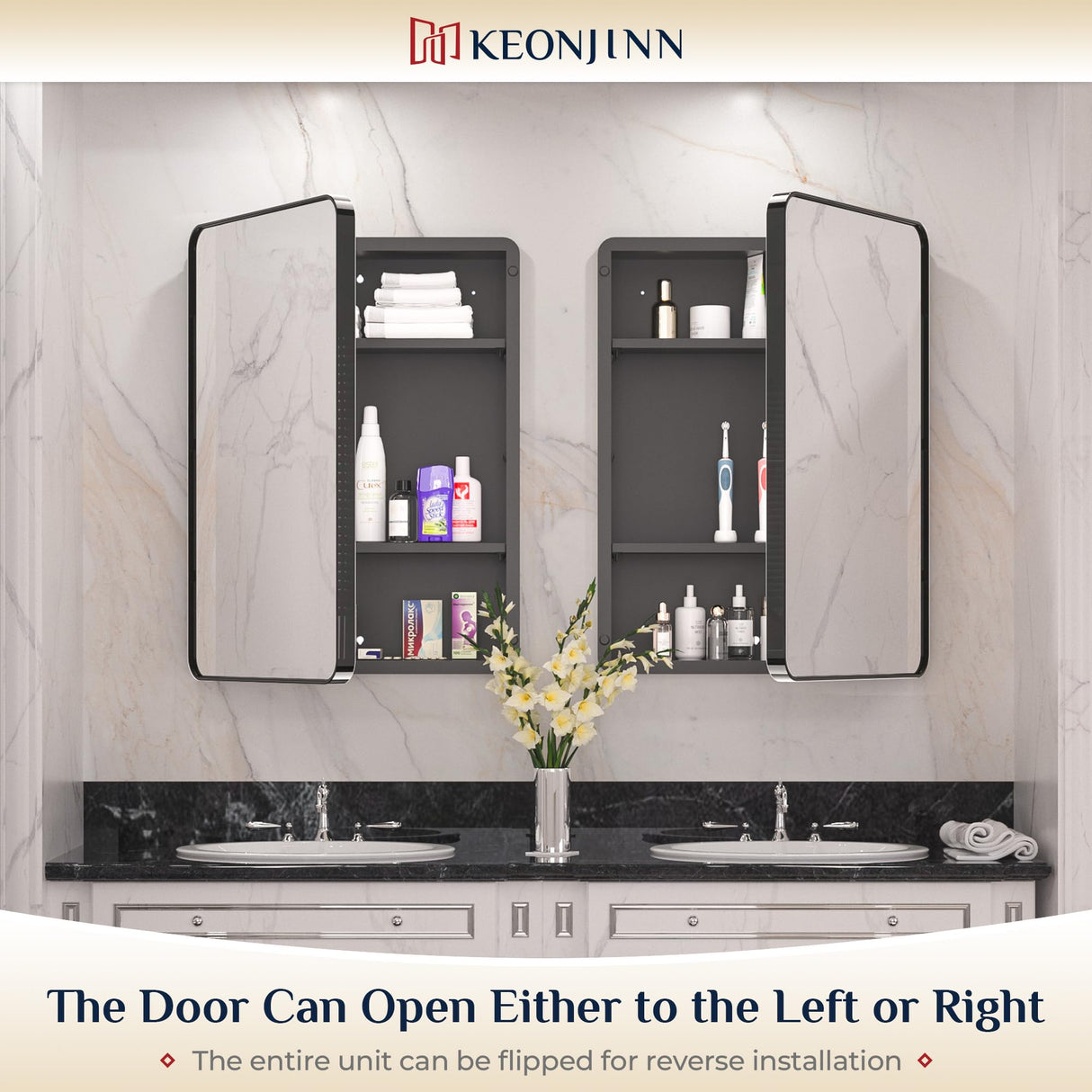 Keonjinn Black Medicine Cabinet 17 x 25 Inch, Heavy & Solid Bathroom Medicine Cabinet with Mirror, Stainless Steel Framed, Adjustable Shelves, Recessed or Wall Mount, Bathroom Mirror with Storage Keonjinn