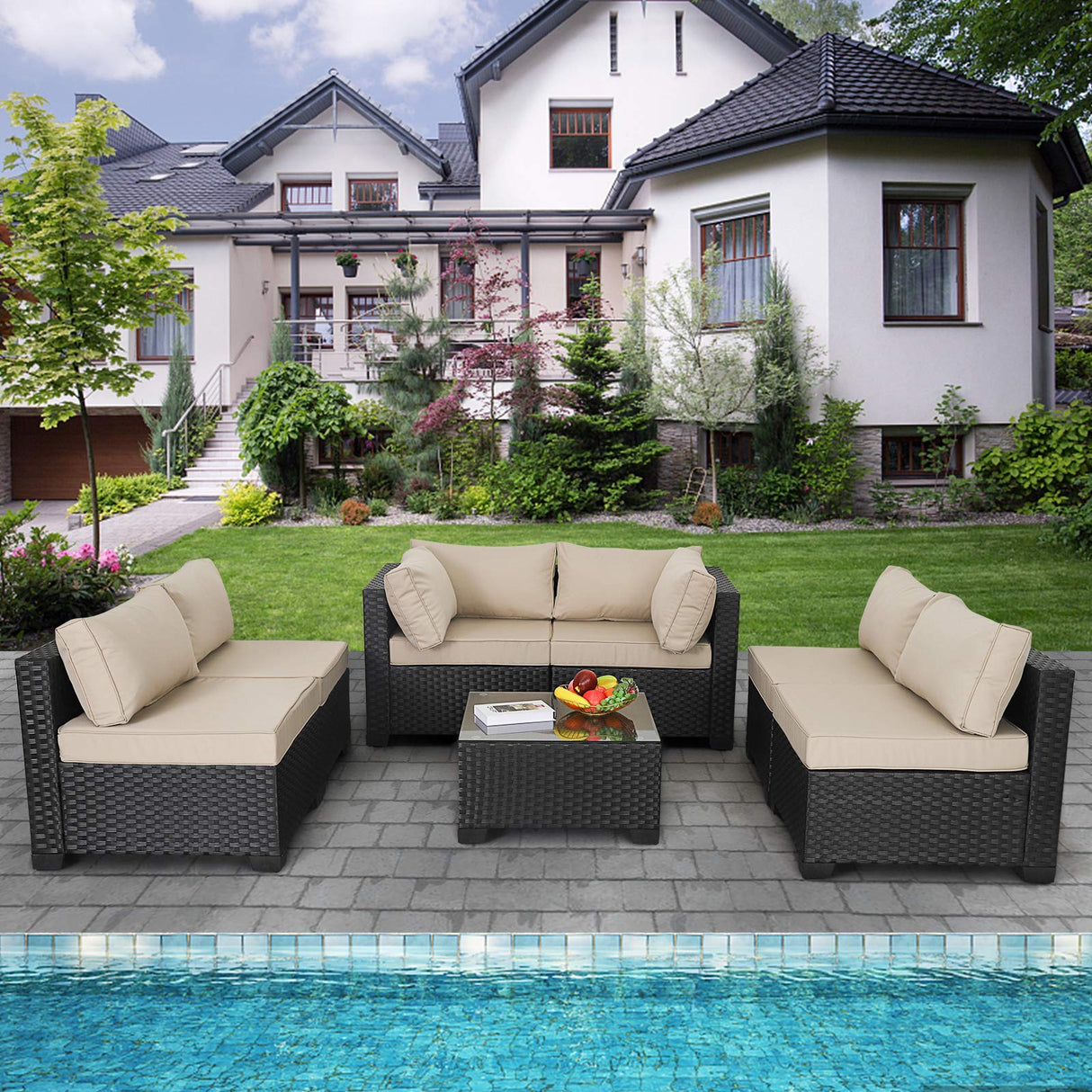 Valita 7 Piece Outdoor PE Wicker Furniture Set, Patio Black Rattan Sectional Sofa Couch with Washable Khaki Cushions… Valita