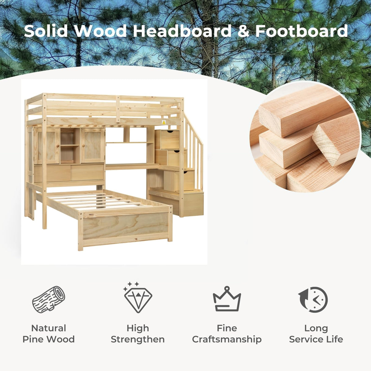 Merax Twin Over Twin Size Bunk Bed with Desk, L-Shaped Bunk Beds with Bookcase Headboard, Pine Wood Loft Bed with Safety Guardrail, for Kids & Teens, Natural Merax