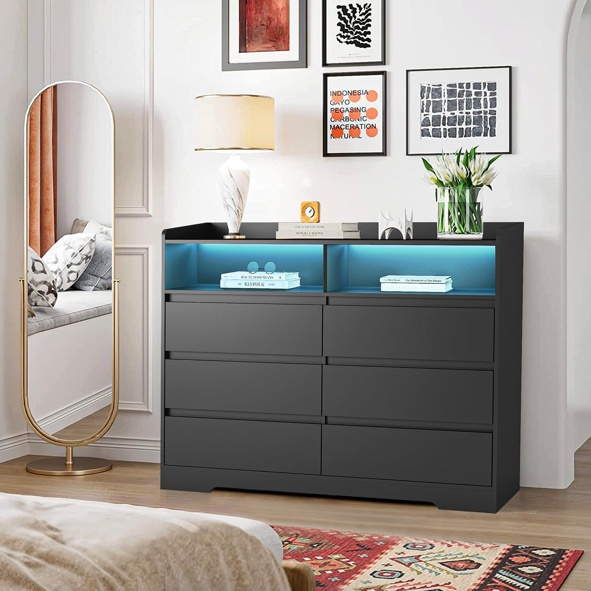 Spaco Black Dresser for Bedroom, 6 Drawer Dresser with LED Lights and 2 Cubby,Chest of Drawers,Wood Dresser,Dresser Bedroom Furniture,Wide TV Stand Dresser for Kid's Room,Nursery Spaco