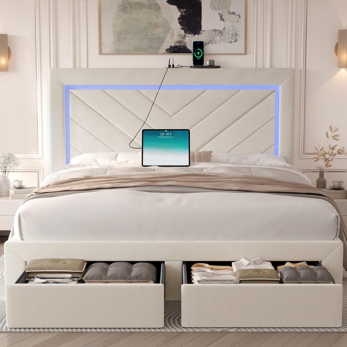 Fastroby Queen Size Bed Frame with Adjustable Headboard and 2 Storage Drawers, Upholstered Bed Frame Queen with RGB LED Light and Charging Station, Easy Assembly, No Box Spring Needed, Off White Fastroby