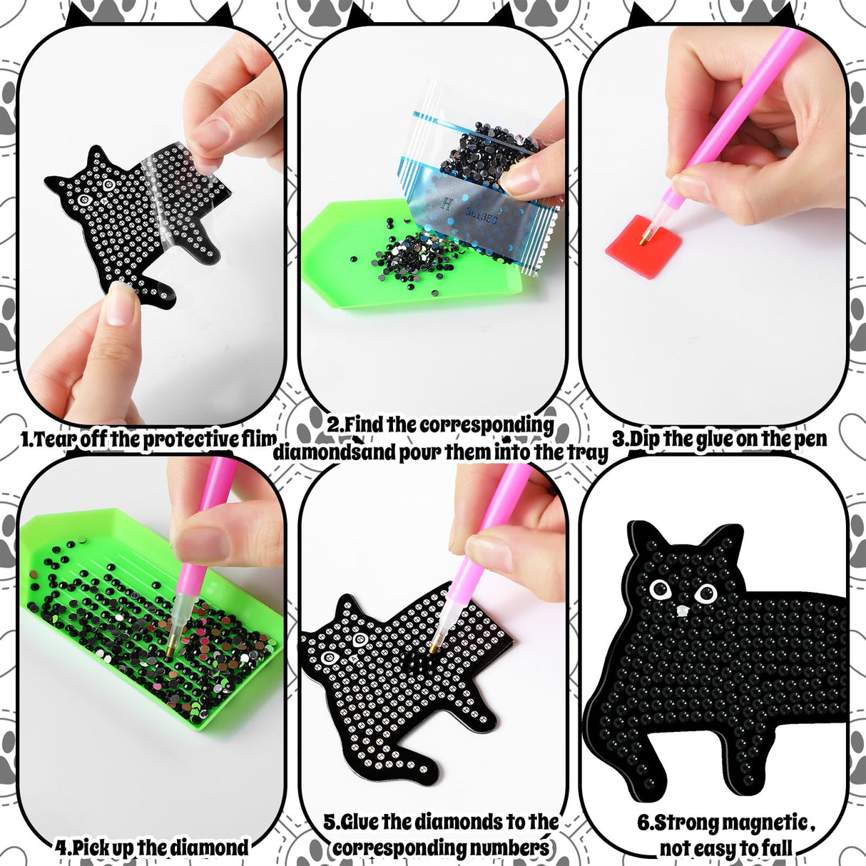Saillong 12 Pcs Black Cat Diamond Painting Bookmark Cute Cat Diamond Art Kits for Aldults Animal Magnetic Bookmark 5D Rhinestone Magnetic Book Page Clips for Reading Lover Gifts Office Home DIY Crafts Saillong