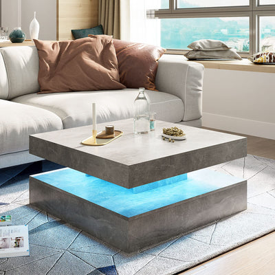 HedoAjim Grey LED Coffee Table for Living Room, Living Room Table 2-Tier Square Middle Center Table, Modern Coffee Tables with Storage, Contemporary Wood Tea Tables for Dining Reception