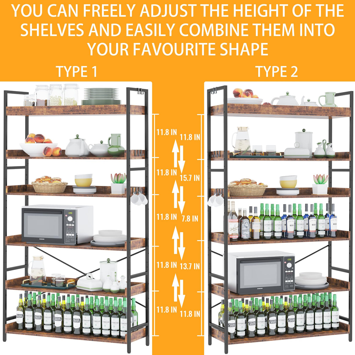 HCHQHS Bookshelf, Adjustable Industrial Bookcase, Vertical Tall Book Shelf, Wood and Black Metal Open Bookshelves for Home Office, Living Room, Bedroom (Rustic Brown, 6-Tier (31" W x 70" H)) HCHQHS