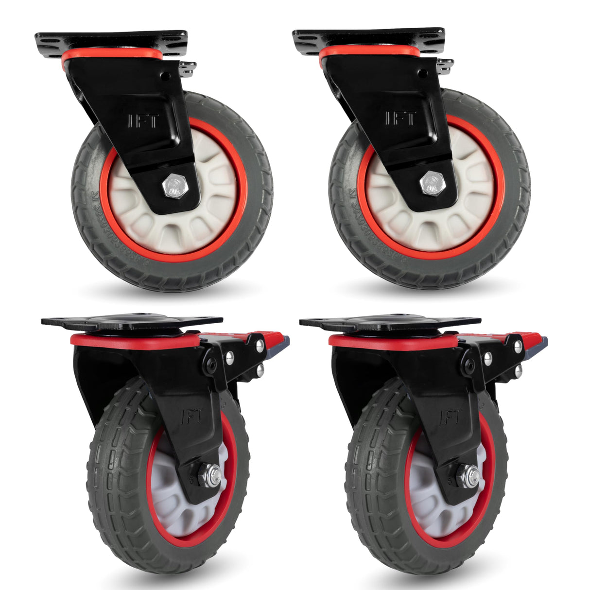 Iron Forge Tools Heavy Duty Swivel Knobby Casters Set of 4, 6" Height, 5" Diameter, Solid PU Knobby Tread Heavy Duty Wheels, Swiveling Bases, Two Casters with Brakes, Two Without, Black & Red Iron Forge Tools