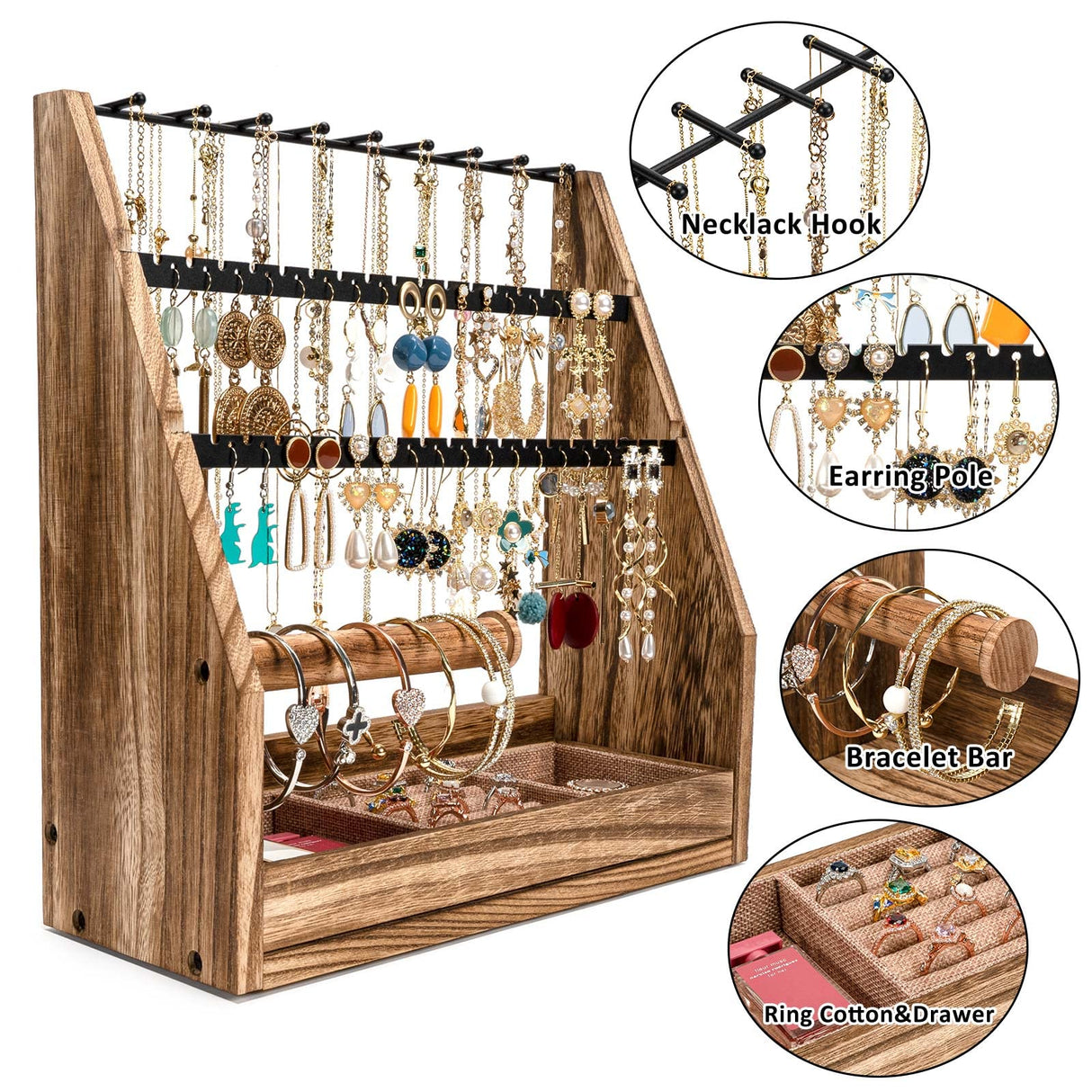 DGWJSU Jewelry Organizer Stand, 5 Layer Earring Holder Organizer with Necklace Holder, Rustic Wood Earring Organizer Display for Stud Earring Bracelet Necklace Ring, Watches DGWJSU