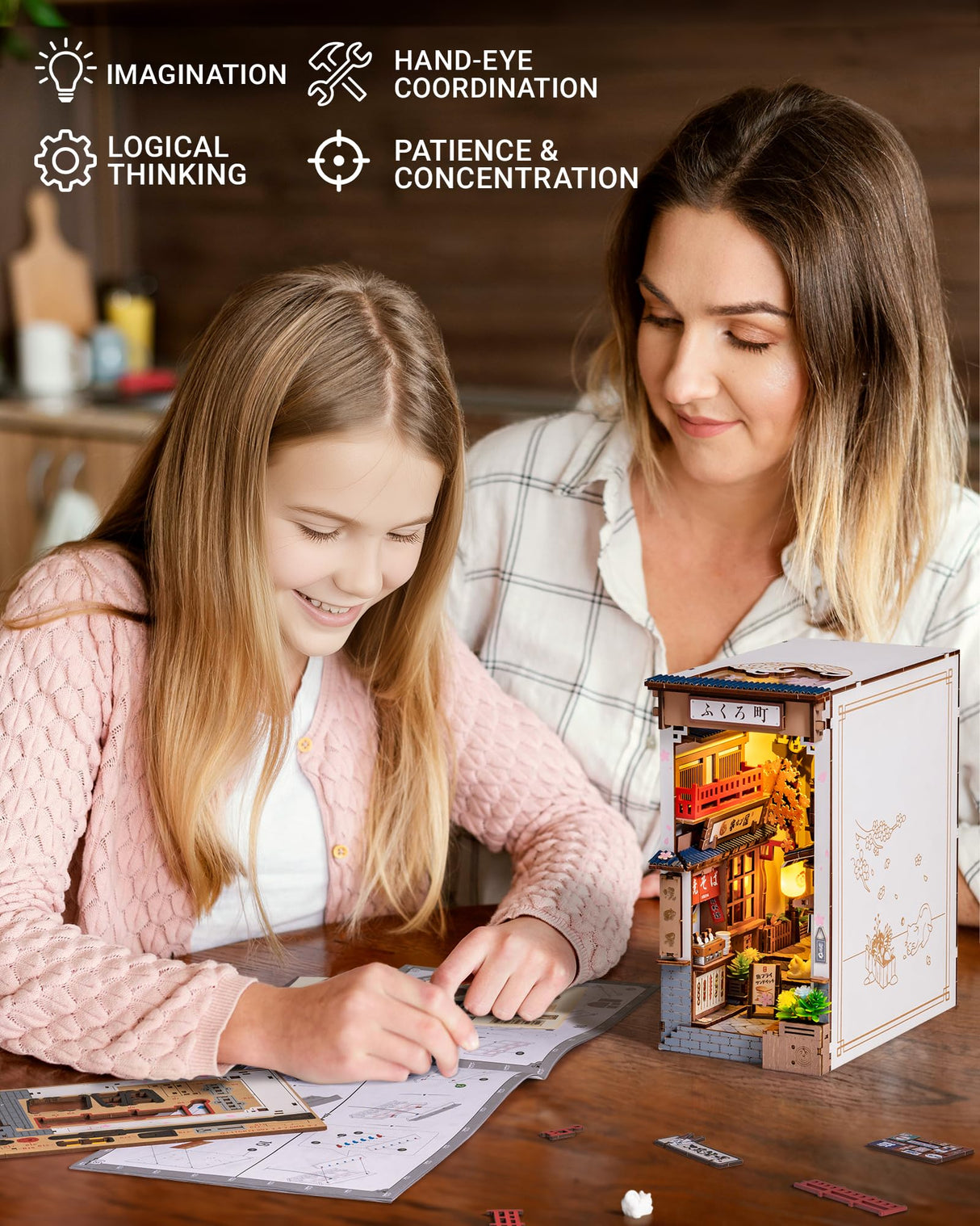 ROBOTIME Book Nook Kit DIY Miniature House Kit for Adults 3D Wooden Puzzle Bookends Bookshelf Diorama Insert Dollhouse Creative Decorative Unique Gifts for Teens and Beginners (Sakura Wine Alley) ROBOTIME