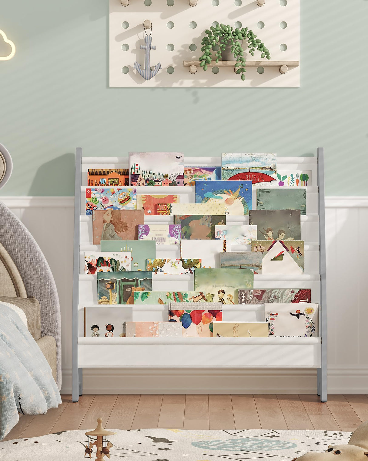 CHOEZON 6-Tier Kids Bookshelf, Kids Sling Bookcase, Magazine and Book Storage Rack, Large Capacity Book Organizer, Book Shelf for Kids Room, Bedroom, Nursery, Playroom, White and Gray MCW07WG CHOEZON