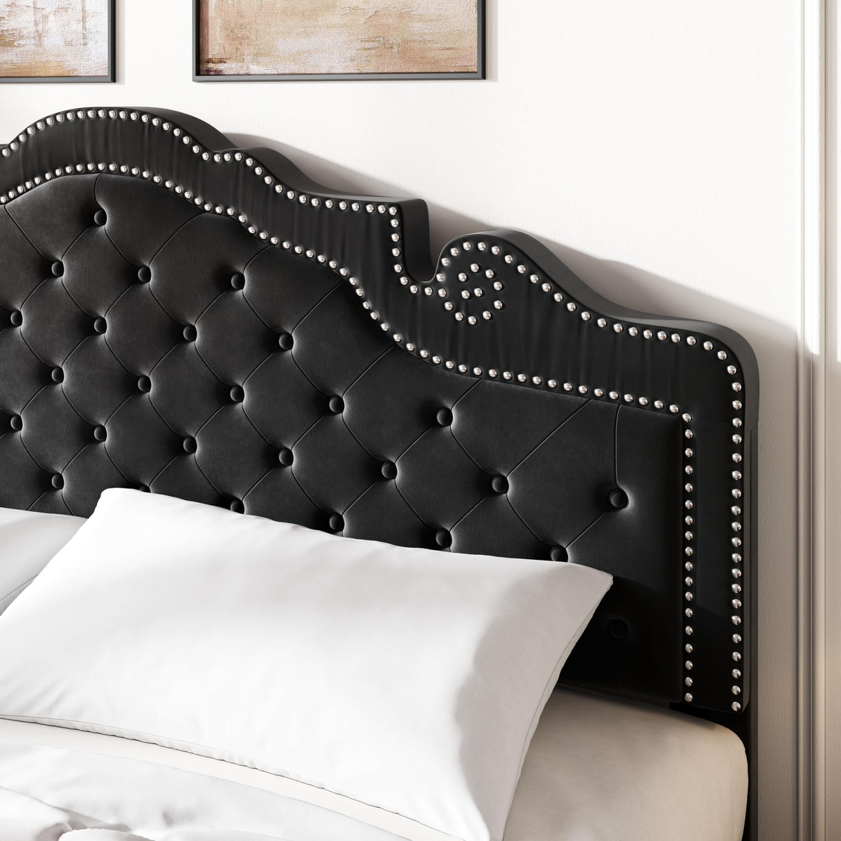 SHA CERLIN King Size Platfrom Bed Frame with Adjustable Headboard/Velvet Upholstered Diamond Button Tufted and Metal Studs/No Box Spring Needed/Easy Assembly/Wooden Slat Support/Black SHA CERLIN