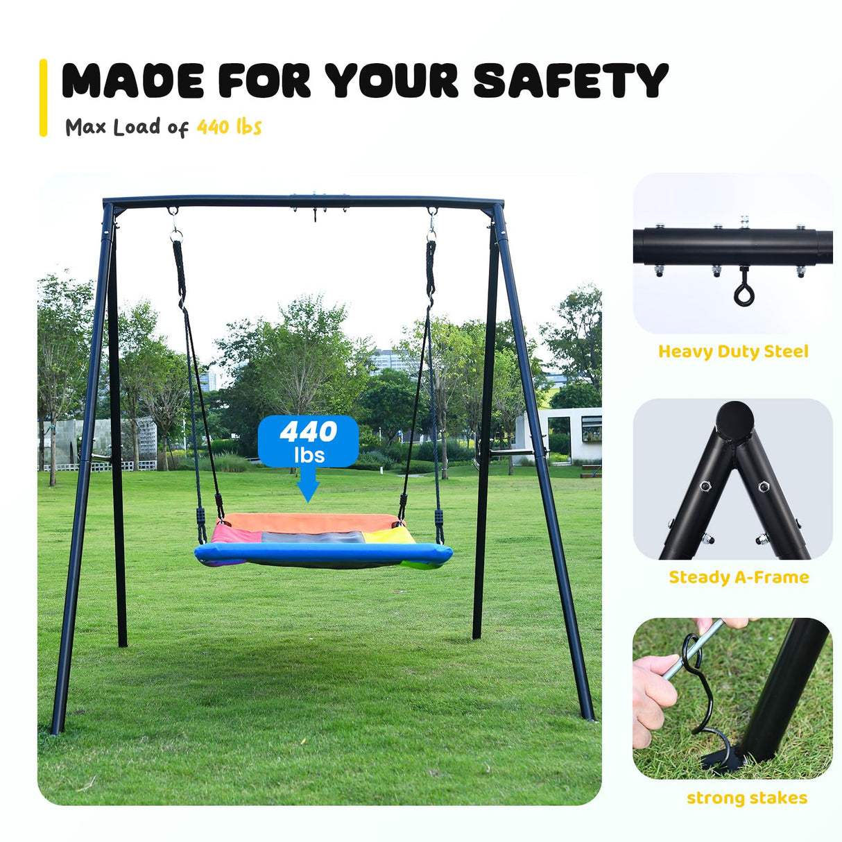Trekassy Swing Sets for Backyard, 440lbs Heavy Duty A-Frame Metal Swing Stand with 60" Large Platform Swing for Outdoor Playground Park Trekassy