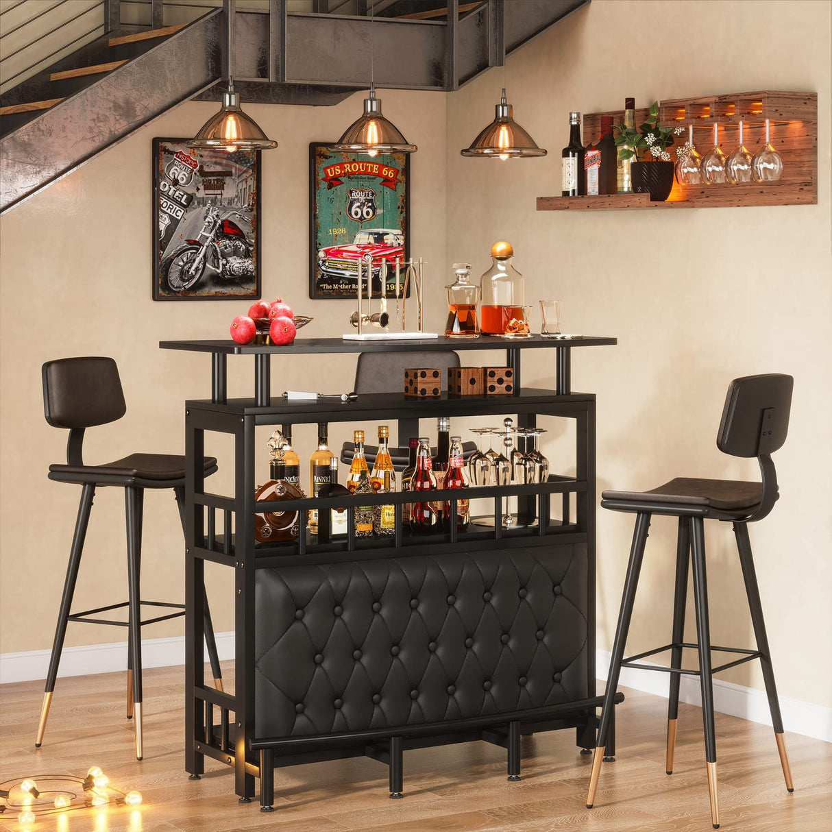 Tribesigns Home Bar Unit for Liquor, 44-Inch Bar Height Table with Storage, Black Entertainment Pub Table, Mini Bar Carts Upholstered&Metal Front Footrest for Kitchen, Balcony, Basement Tribesigns