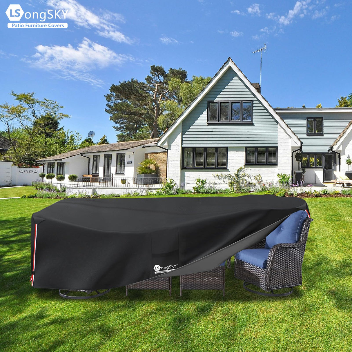 LSongSKY Outdoor Furniture Covers Waterproof,600D Heavy Duty Patio Cover for 6/7/8 PCS Sets Sectional Sofa Couch Dining Rocking Swivel Chairs Ottomans Coffee Table,111L x 74W x 28H inch Black LSongSKY