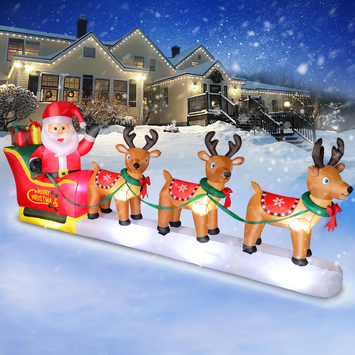 12 FT Christmas Inflatables Outdoor Decorations Santa Claus on Sleigh, Blow Up 3 Reindeers Pulling Santa's Sleigh with Gift Boxes, Built in LED Lights for Christmas Party Decor, Yard, Garden Lawn FunFanso