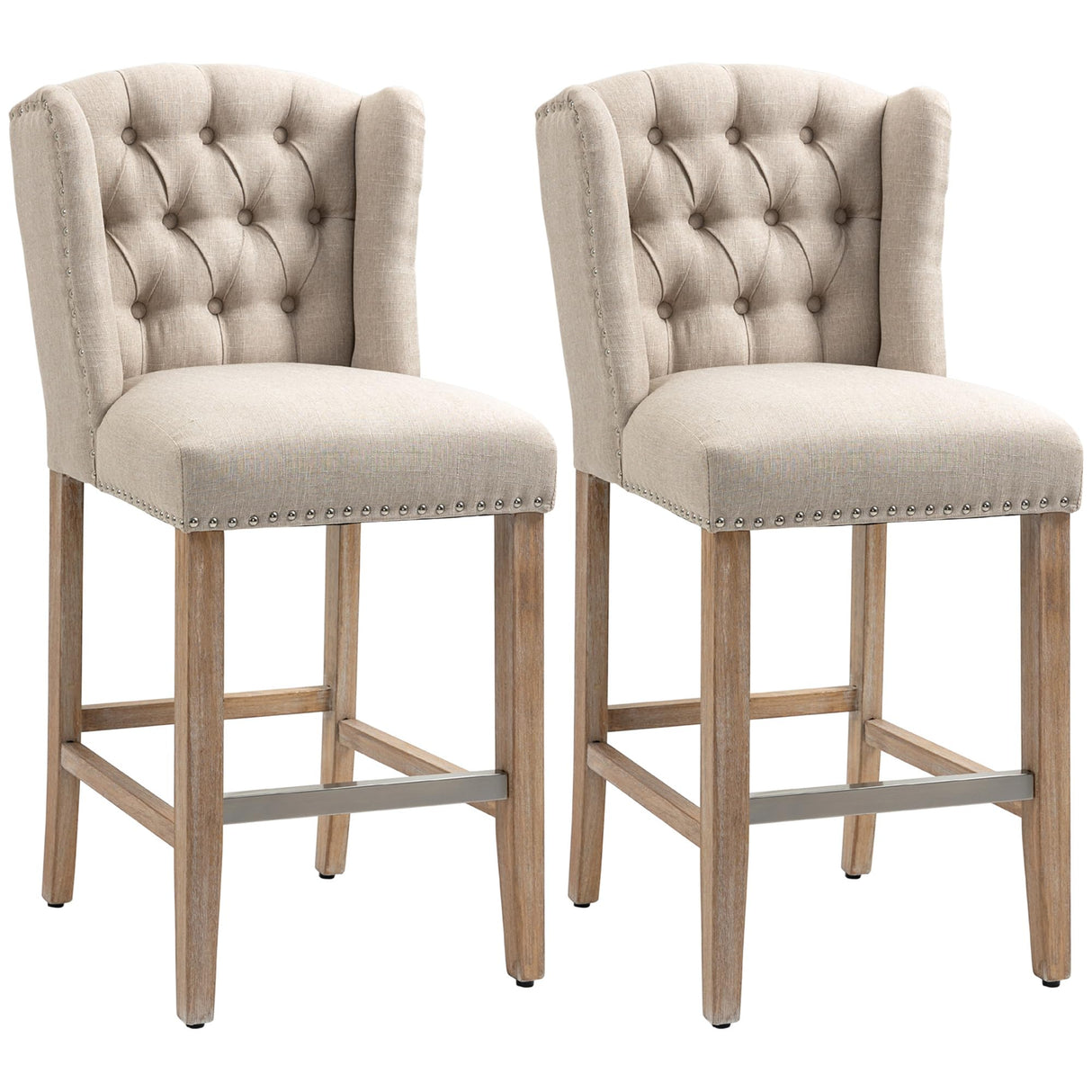 HOMCOM Counter Height Bar Stools Set of 2, 27" Seat Height Upholstered Barstools, Farmhouse Kitchen Island Stools with Nailhead-Trim, Tufted Back and Wooden Legs, Beige HOMCOM