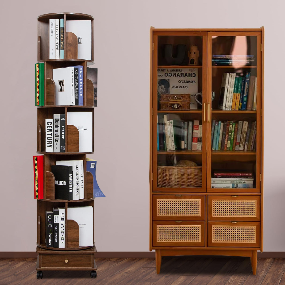 360-Degree Rotating Wooden Bookshelf Tower with Wheels and Storage Drawers DGYLHBJ