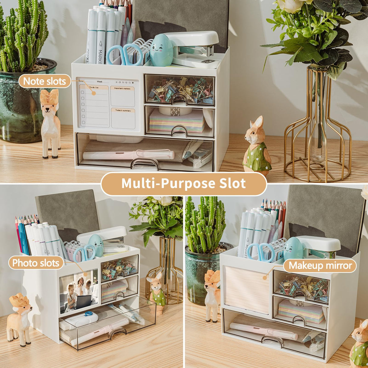 QIYVLOS Desk Organizer with 3 Drawer, Multi-Functional Pencil Pen Holder for Desk, Desk Organizers and Storage with 8 Compartments, Desktop Organizer for Office Home Art Supplies (White) QIYVLOS