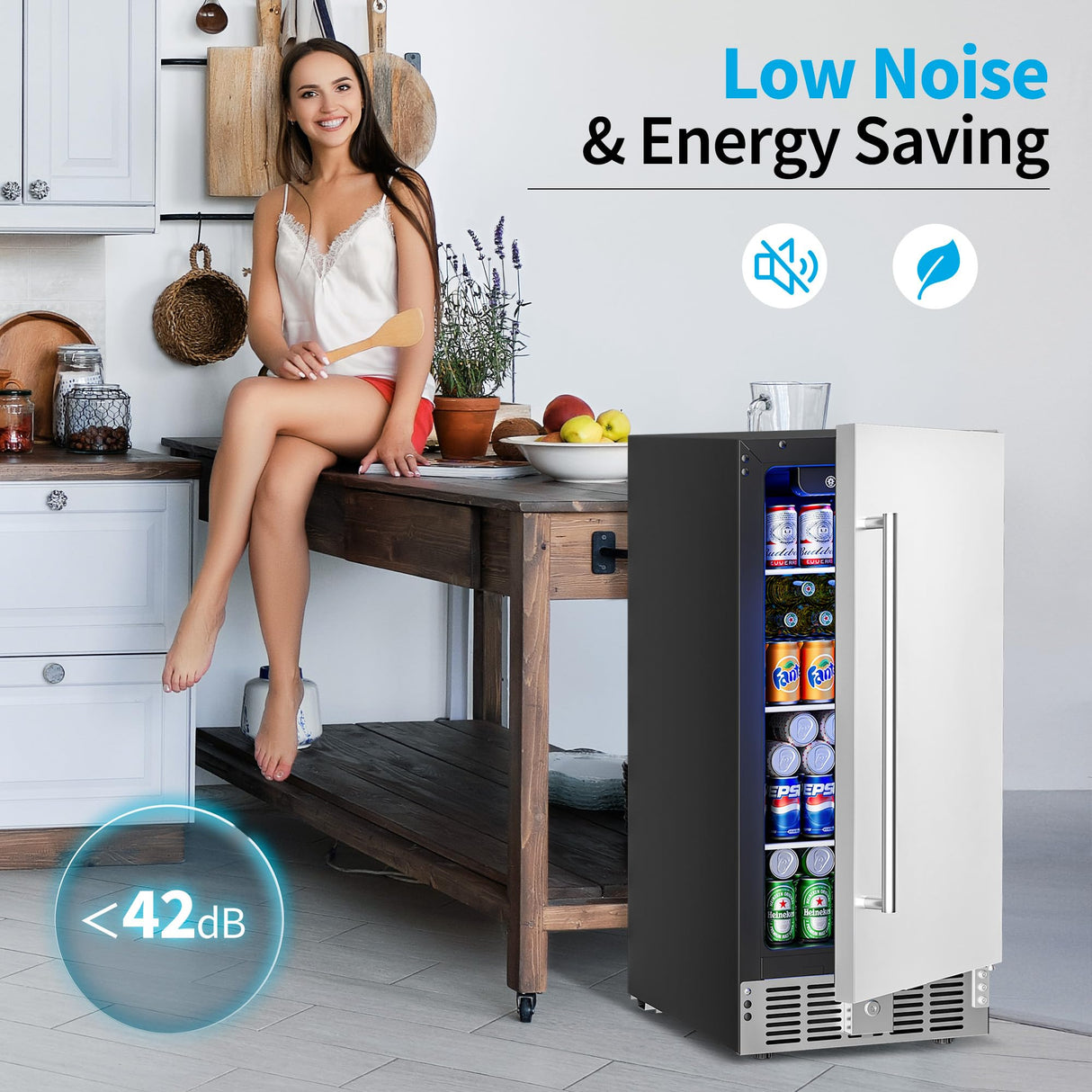 Feelfunn 15 Inch Undercounter Beverage Refrigerator - 126 Cans Beverage Fridge with Stainless Steel Door for Beer Wine Soda - Built-in or Freestanding Wine Cooler for Home Kitchen Bar Outdoor Feelfunn