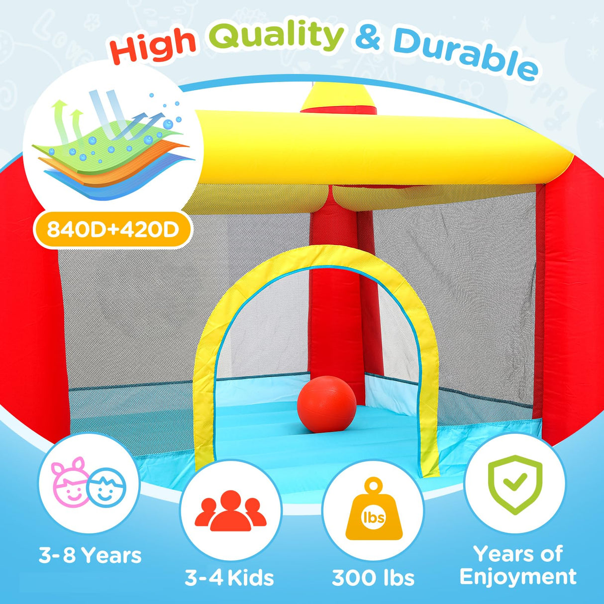 Inflatable Bounce House, Bouncy House with Blower, Bouncy Castle with Slide, Ball Pit, Jump House for Indoor Outdoor Backyard Party for Kids Aged 3-8 (10FT X 10FT X 7FT) with Repair Kit & Storage Bag Toiyjofe