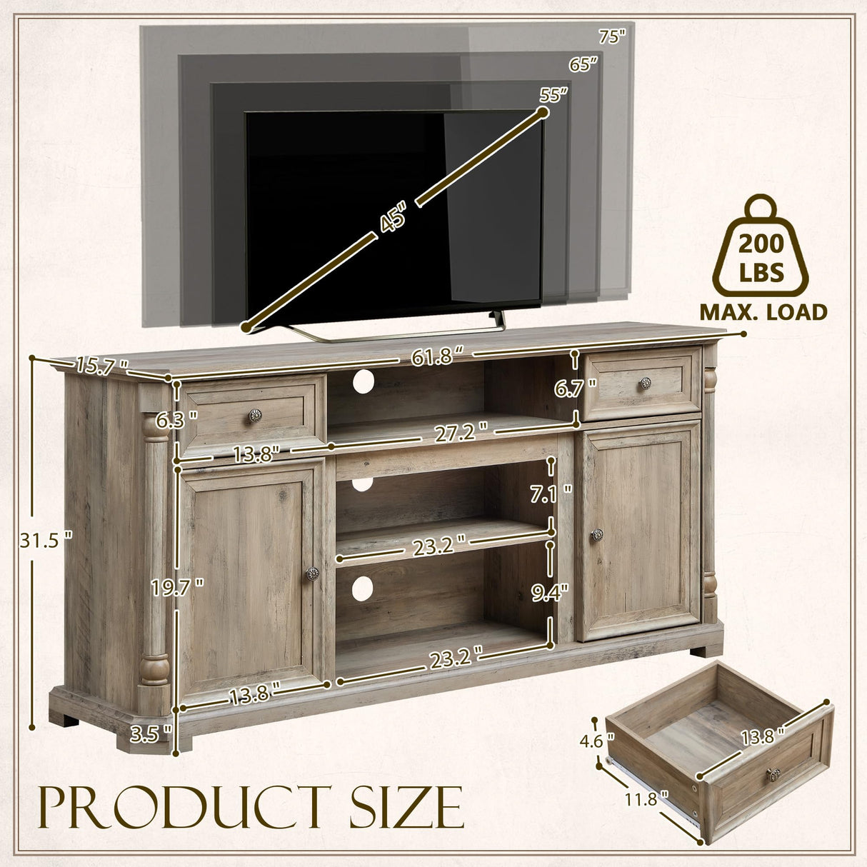 Yechen 62'' Farmhouse TV Stand for Living Room - 31.5'' Tall Entertainment Center with Storage Cabinets & Drawers, Wood Media Console Table with Roman Columns, for 75 Inch TV, Weathered Reclaimed Oak Yechen