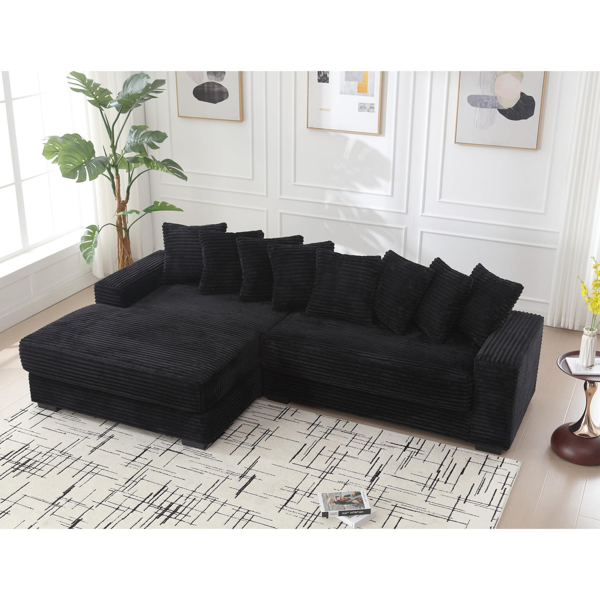 Eafurn Left Facing Oversized Modular Sectional Sofa Two-Piece Cloud Couch with Extra Wide Chaise Lounge, Corduroy Upholstered L Shaped Loveseat Sofa&Couches for Living Room Apartment, Black 111" Eafurn